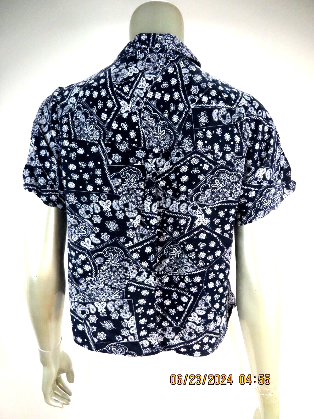 LOVE NOTES SZ M 100% Rayon Navy Blue Buttoned Blouse Cropped Short Top Shirt
