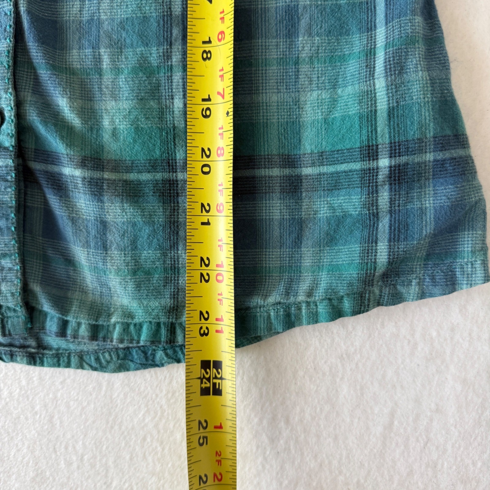 Prana Plaid Cotton Button Up Shirt Womens L Teal Green