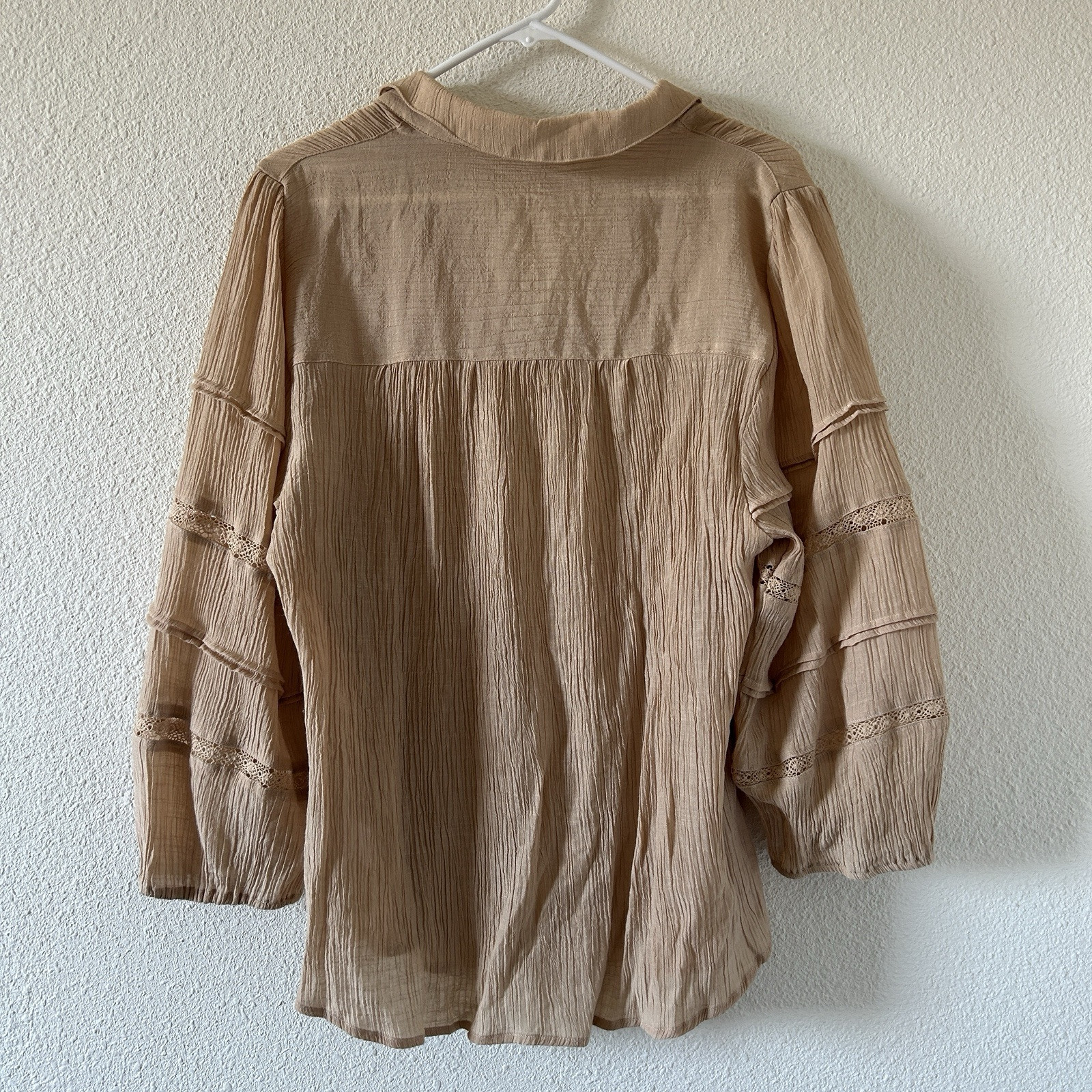 COMO BLU Women’s Button Up 2X Beige Puff Sleeves Western Boho Coquette Western