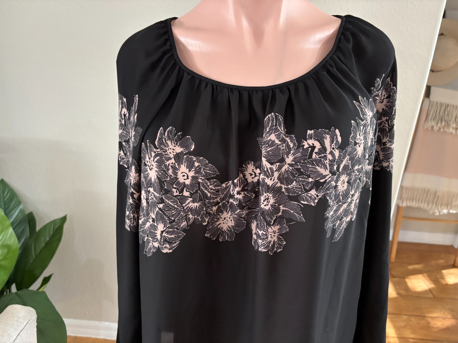 Ann Taylor Loft sheer floral black long sleeve shirt blouse top XL