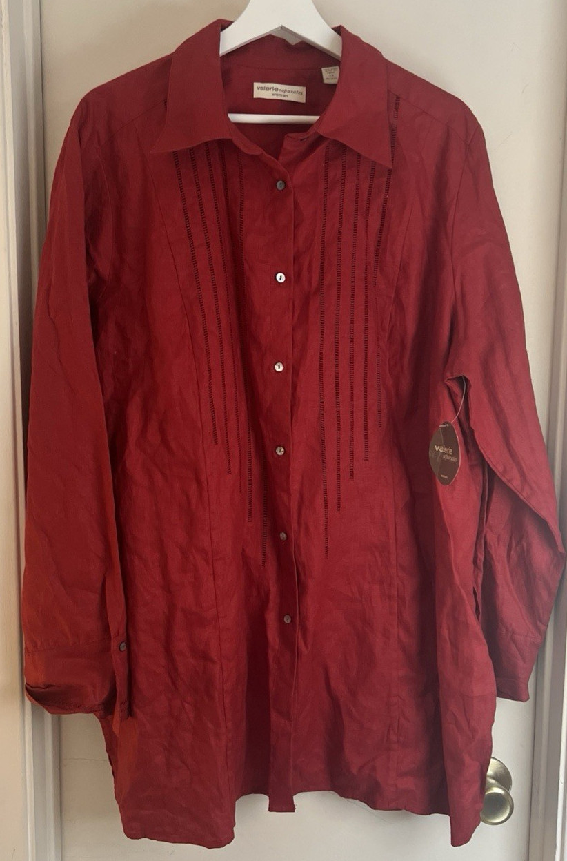 100% LINEN 2XL XXL Women’s Red Blouse Pleated Front NEW NWT