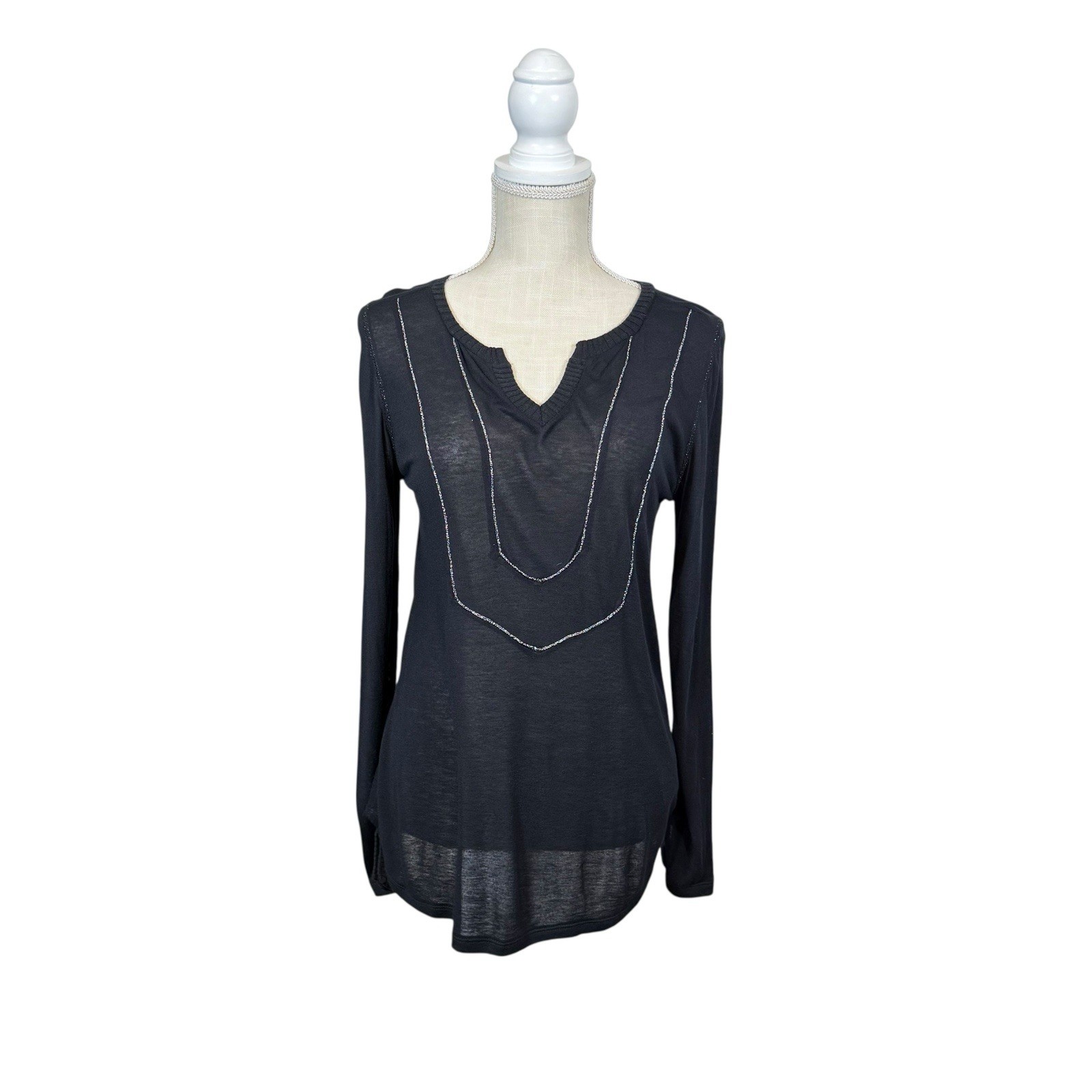 AMS Pure Blouse Womans US 8 Black Wool Blend Metallic Stripe Burnout Texture