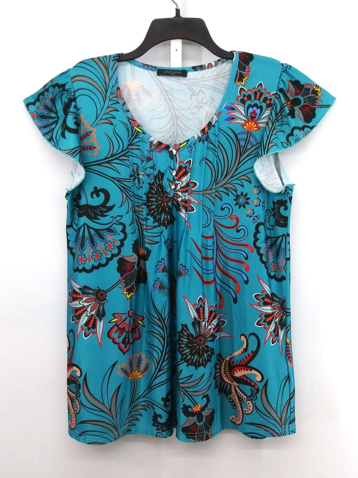 LOVEU.DEAR Shirt Women Size M Teal Colorful Floral Cap Sleeve Henley Casual Top