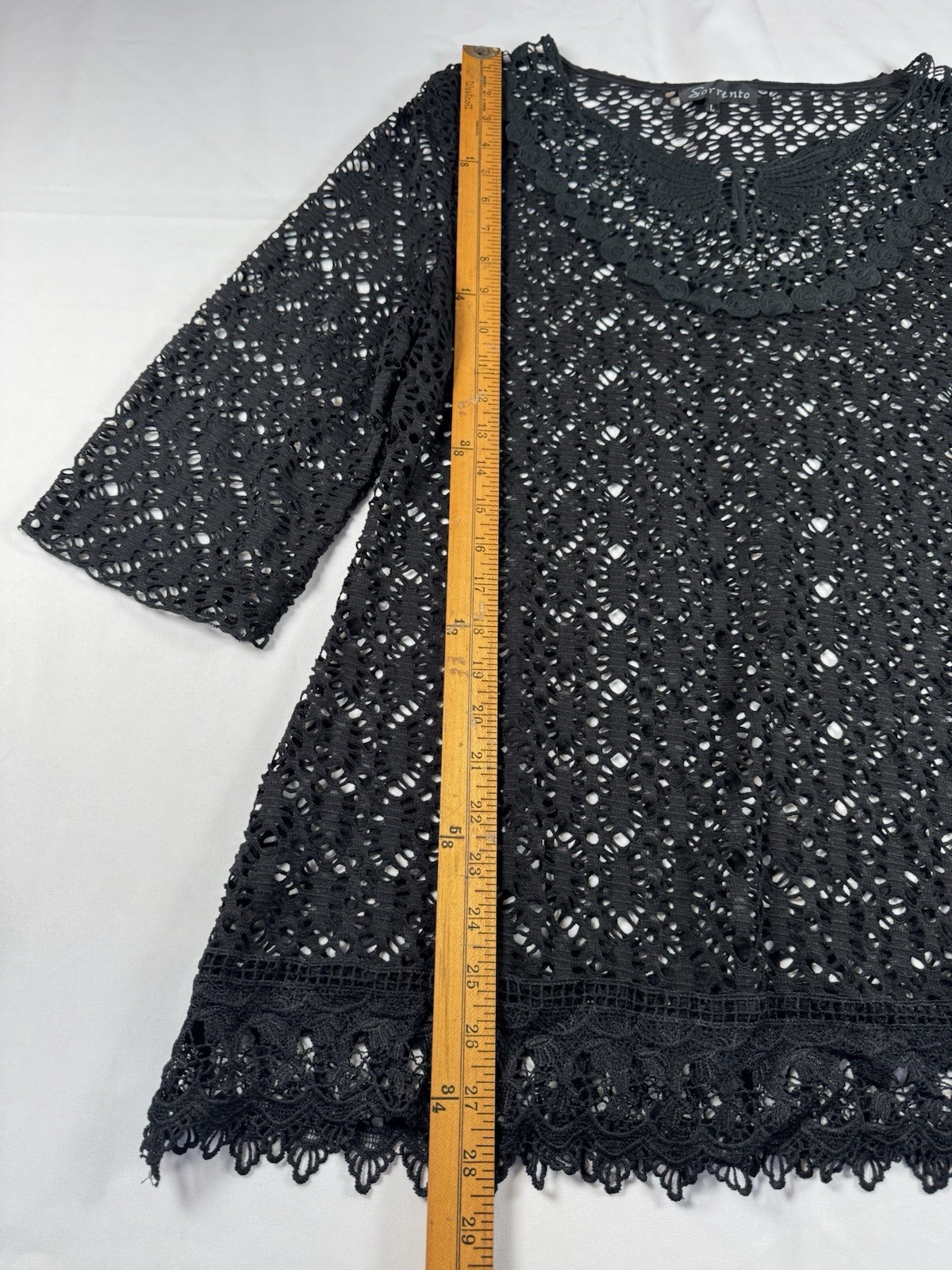 Sorrento Black Lace Crochet Sheer Round Neck Pullover Top 3/4 Sleeve L