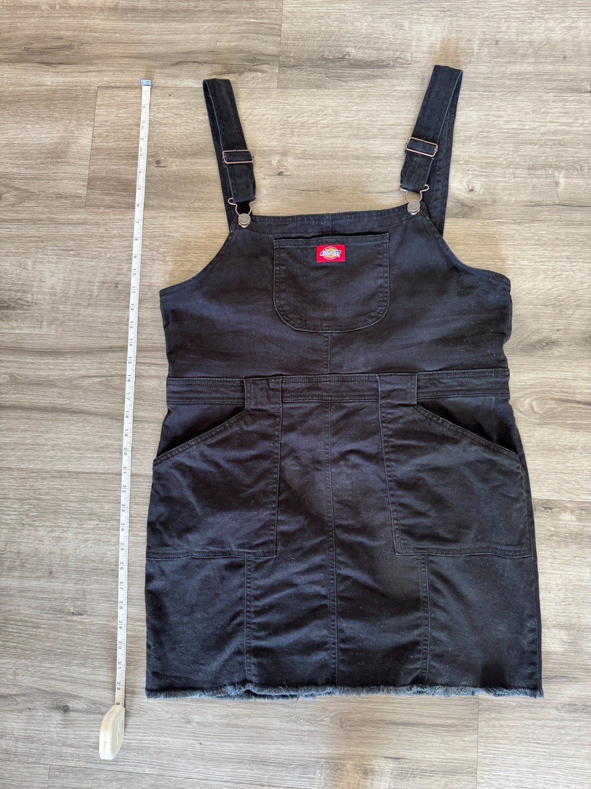 Dickies Black Denim Overall Dress Raw Hem Pinafore Jumper Size Large