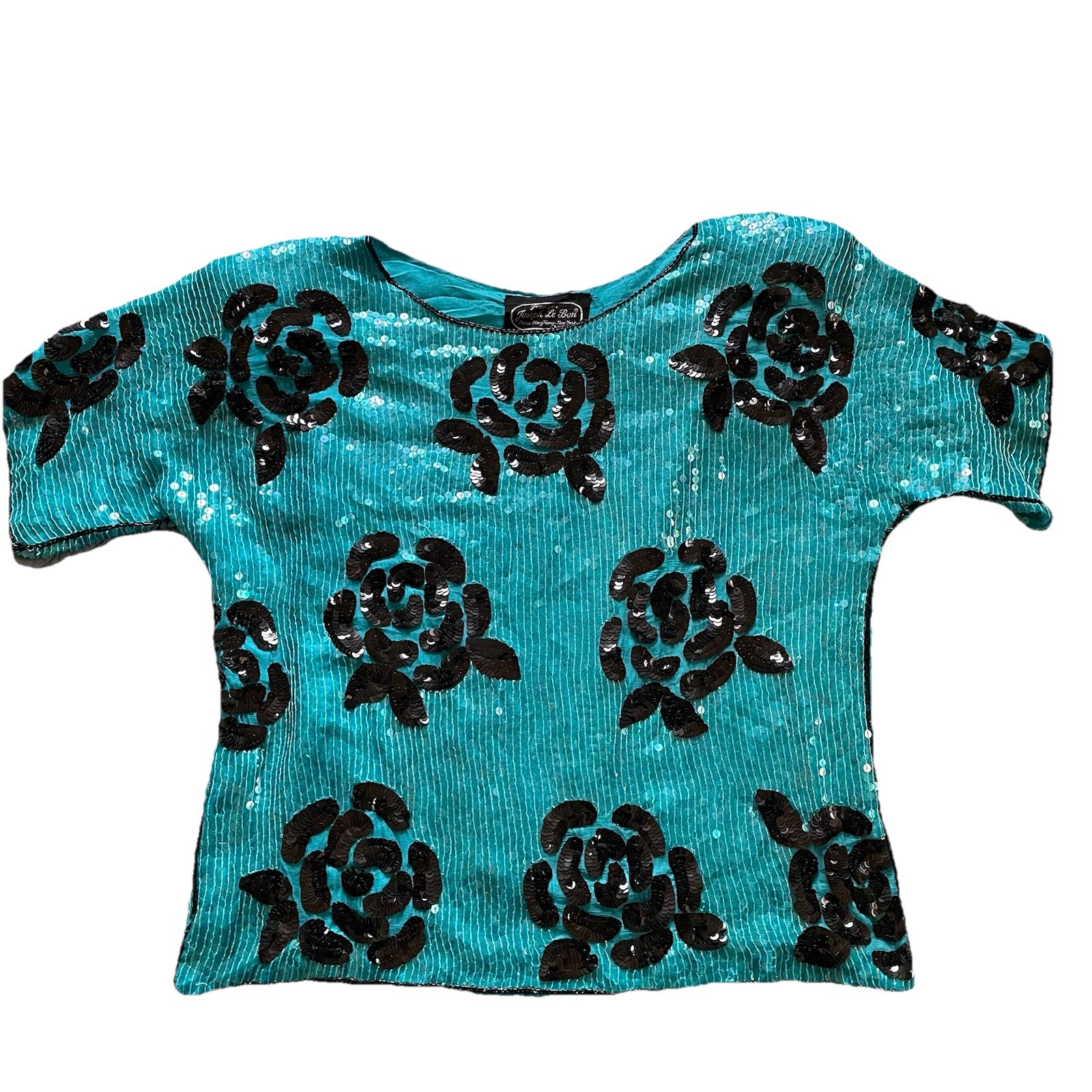 VTG Jean Joseph Le Bon Top Size Large Pure Silk Sequin turquoise Black Roses Lux