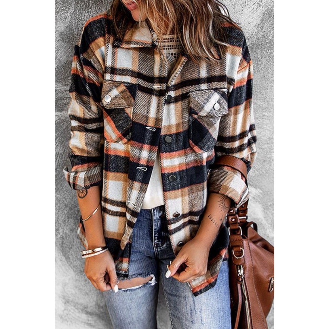 Womens Plaid Flannel Shirt Jacket BeachLoungeLunch Orange Brown White