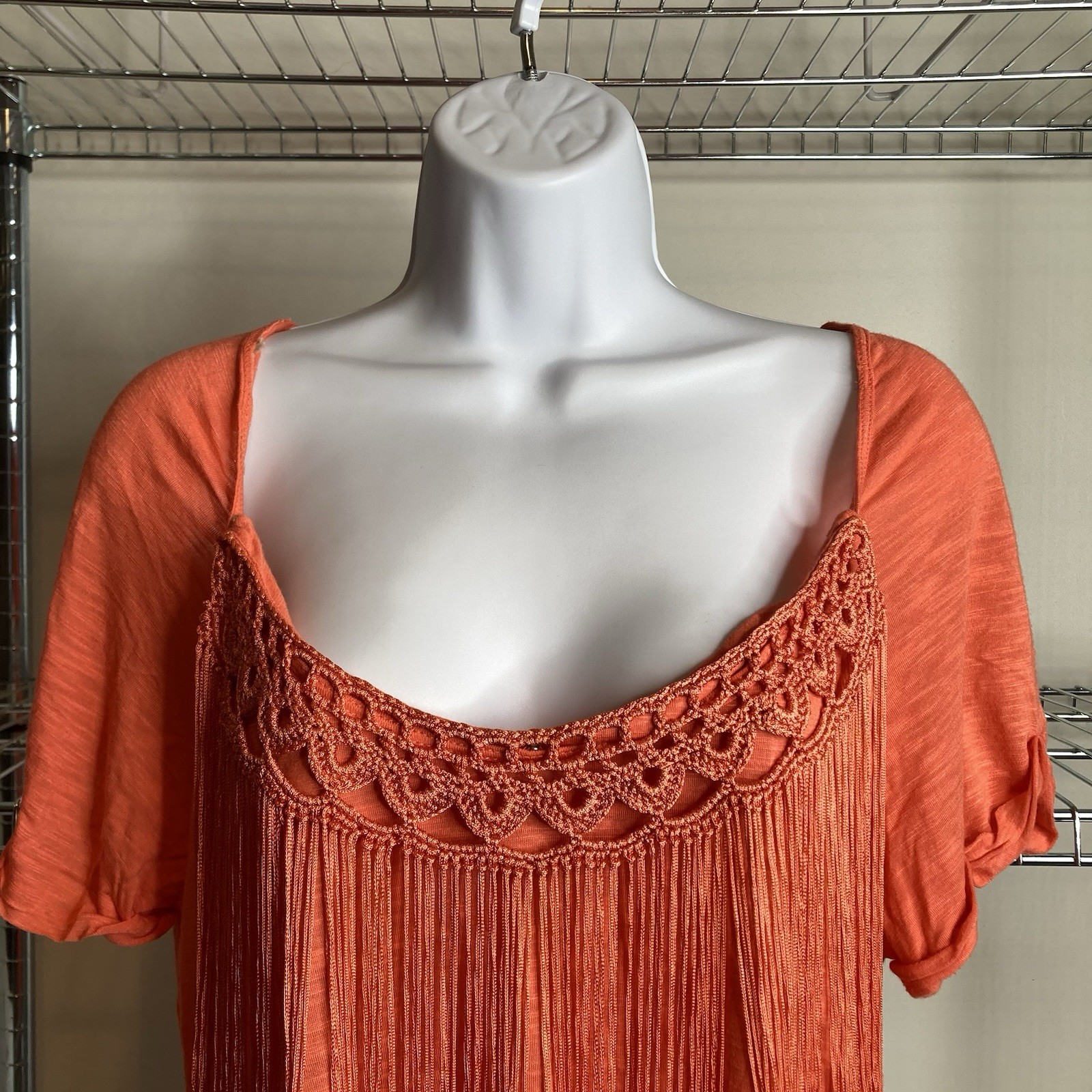 Hale Bob Women’s Orange Crochet Fringe Top Size L Boho Vibrant Hippie Festival