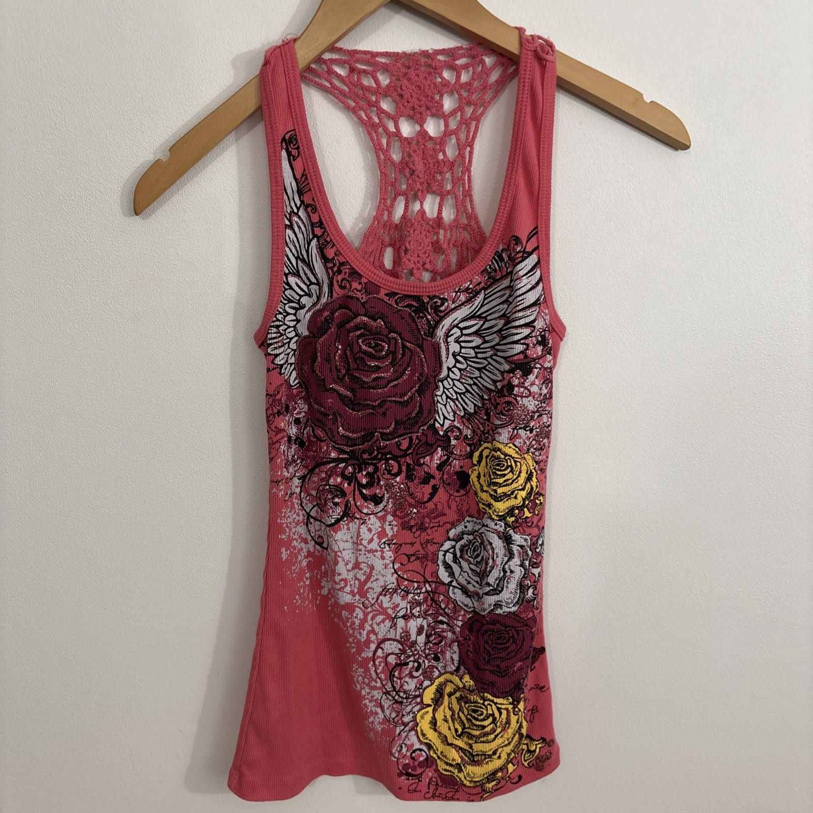 Vtg Bongo Graphic Tank Top Floral Glitter Crochet XS/S Y2K