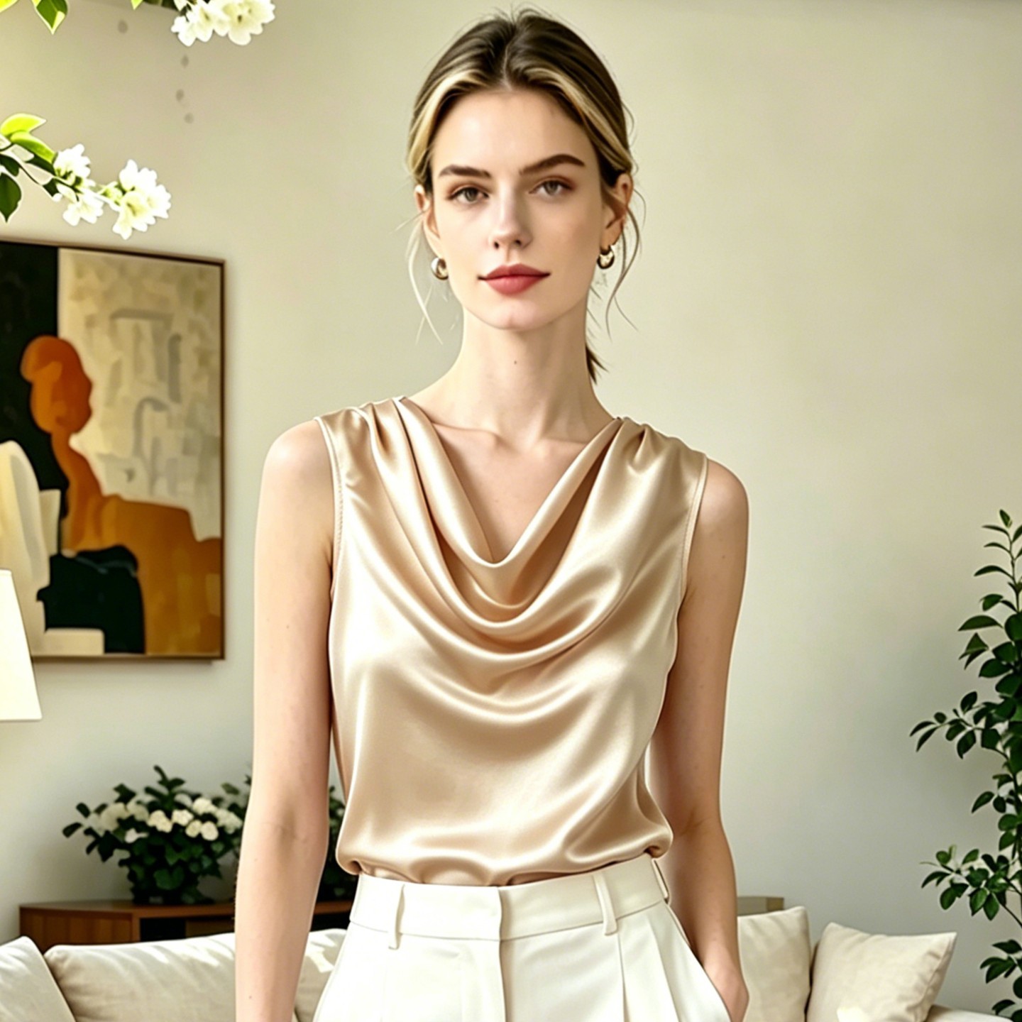 19 Momme Stretch Mulberry Silk Tank Top Women Draped Cowl Neck Satin Silk Blouse