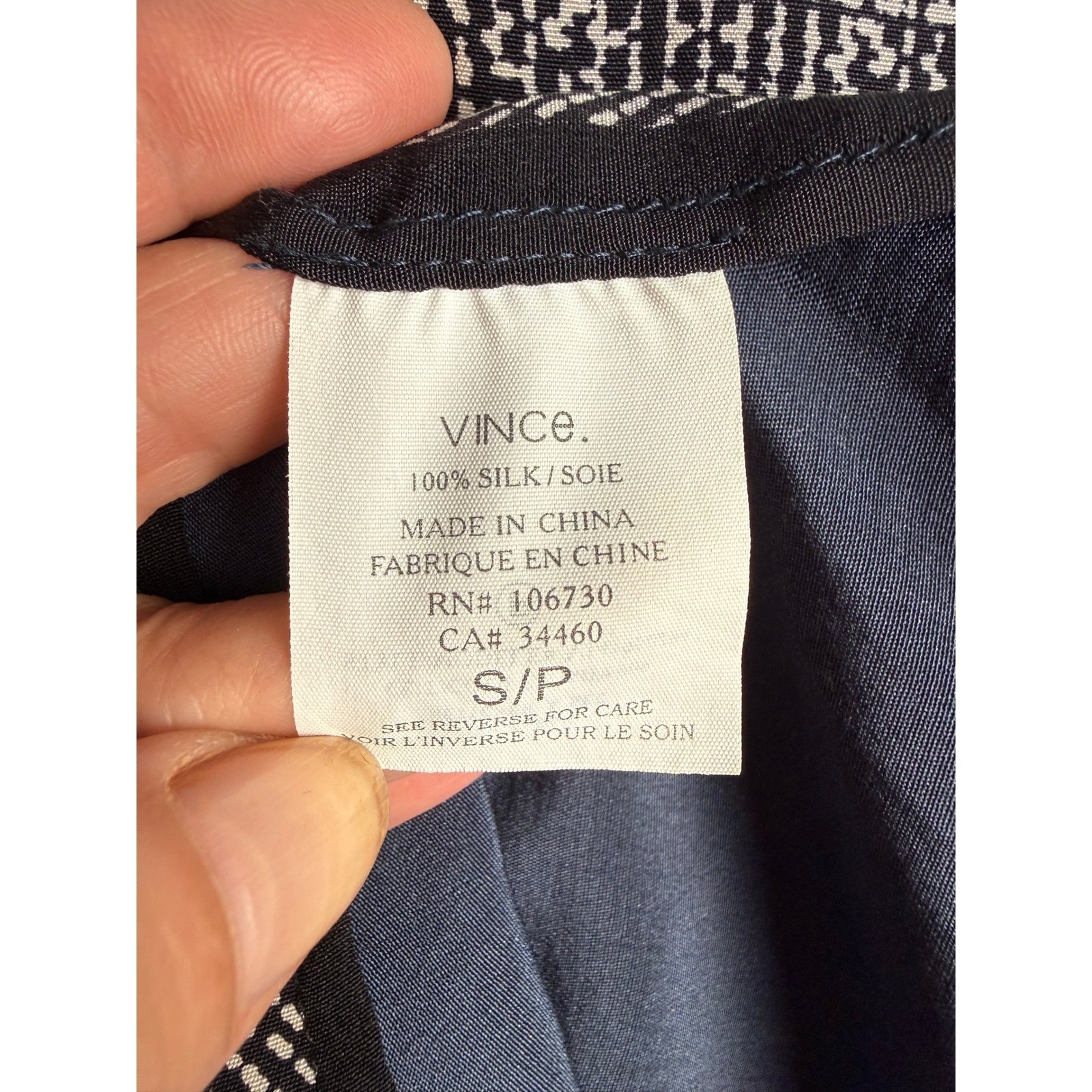 Vince Silk Tunic Women S Navy Blue Geometric Print V-Neck Shift Dress Excellent