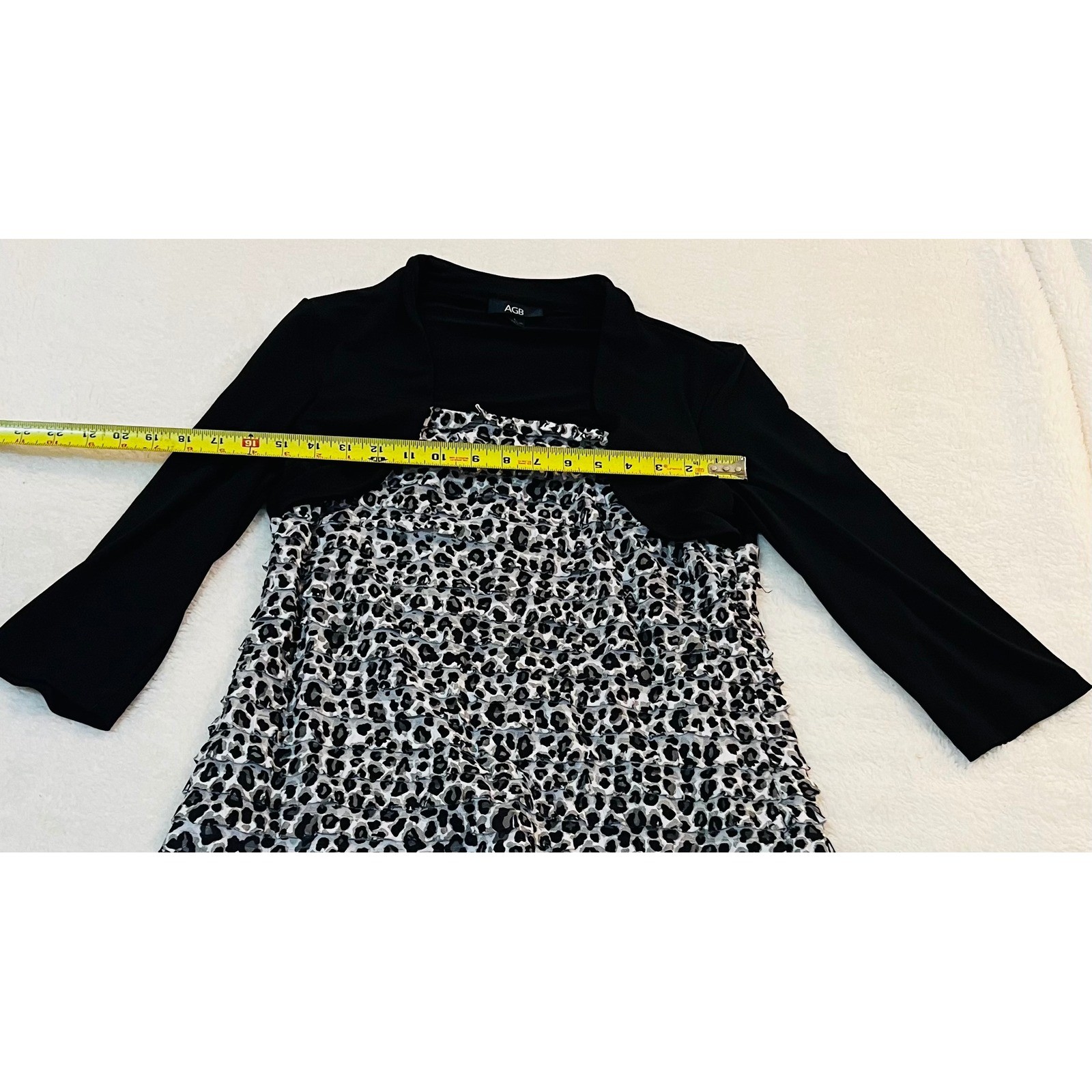AGB Womens Leopard Print Tiered Ruffle Top Black Shrug Layered Look Size L