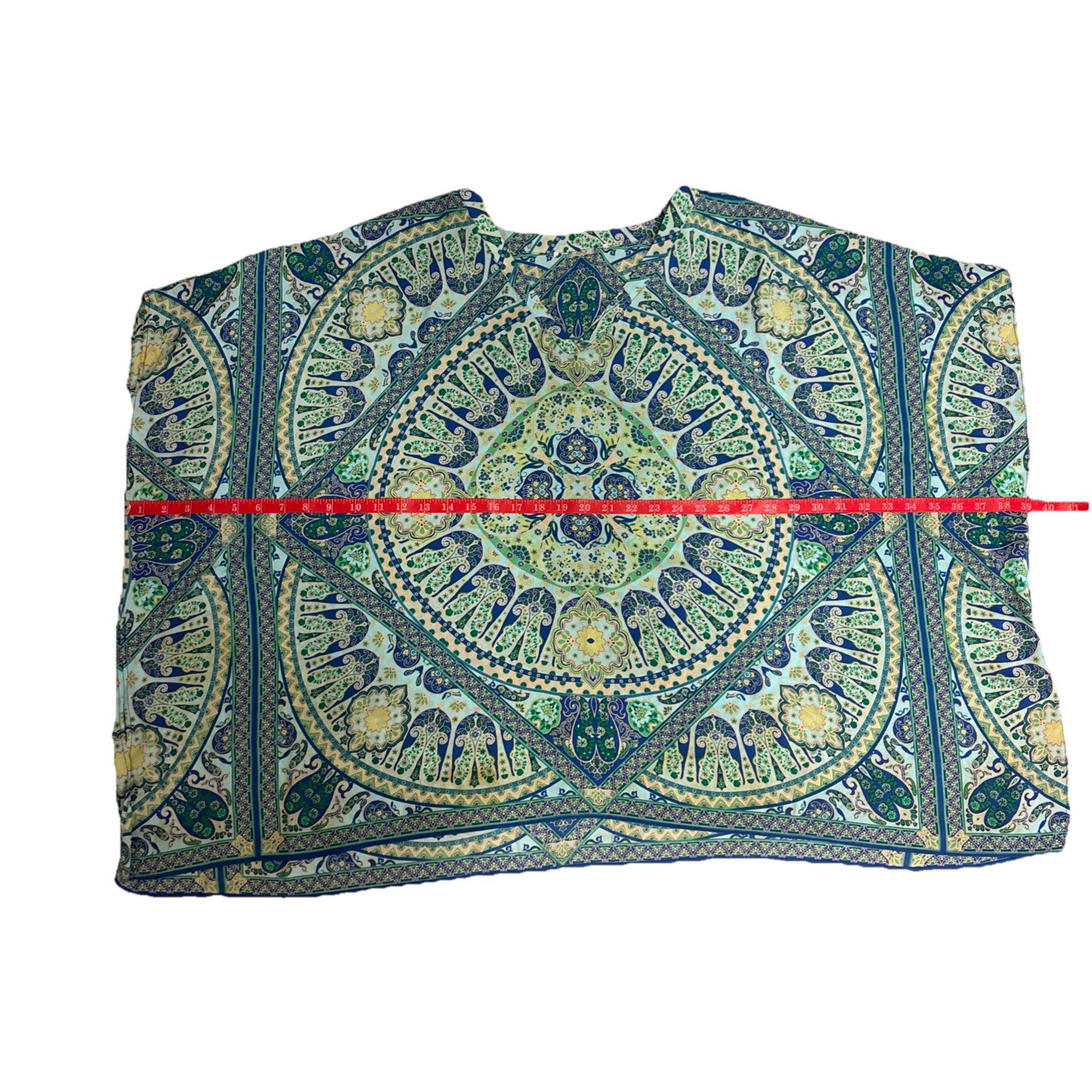 Blue Green Paisley Mandala Print Kaftan Poncho V-Neck Boho Tunic Cover Up