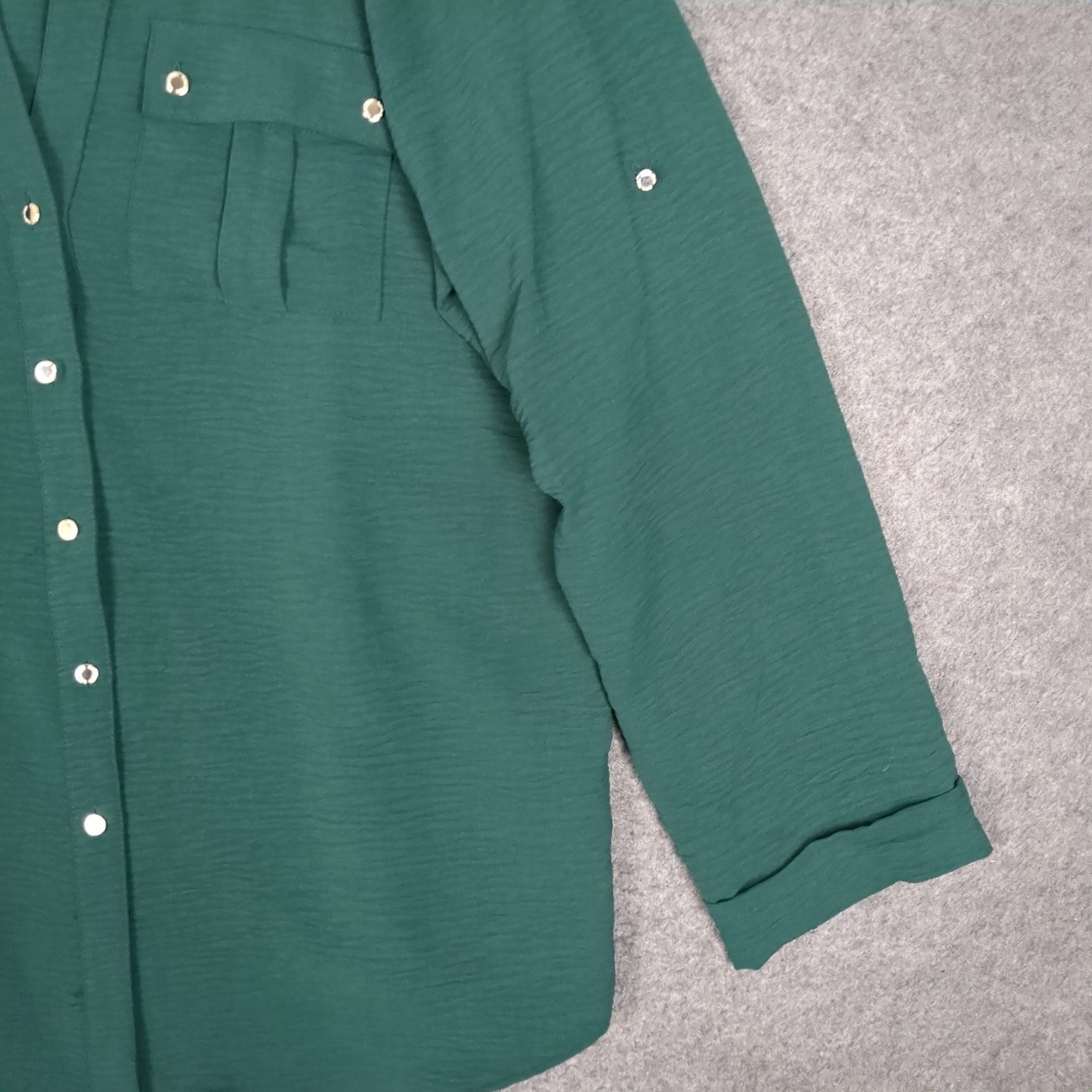Calvin Klein Womens XL Dark Green Roll Tab Sleeve Utility Button Up Blouse Shirt