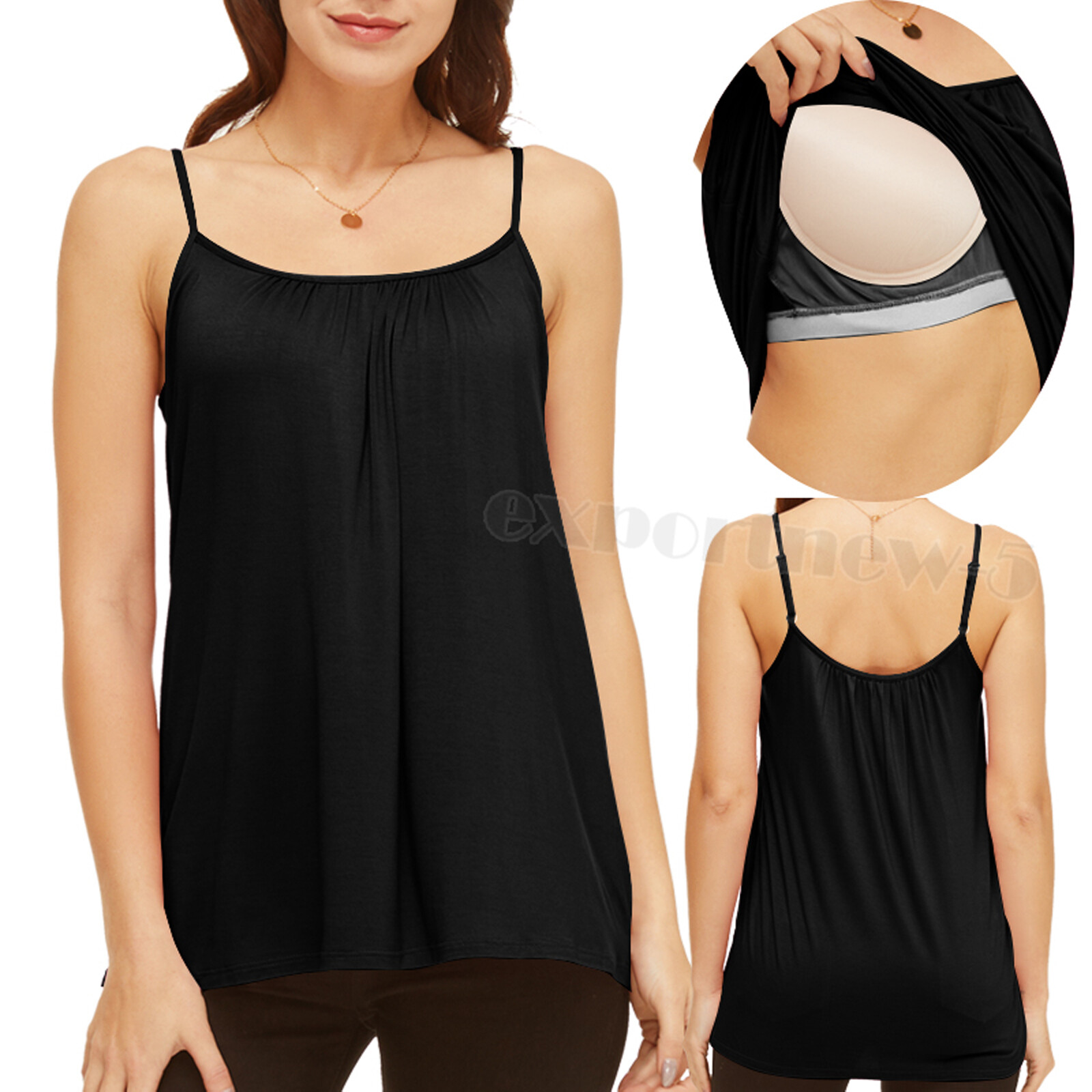Womens Summer Camisole with Built in Bra Flowy Tank Top Loose Fit Padded Cami