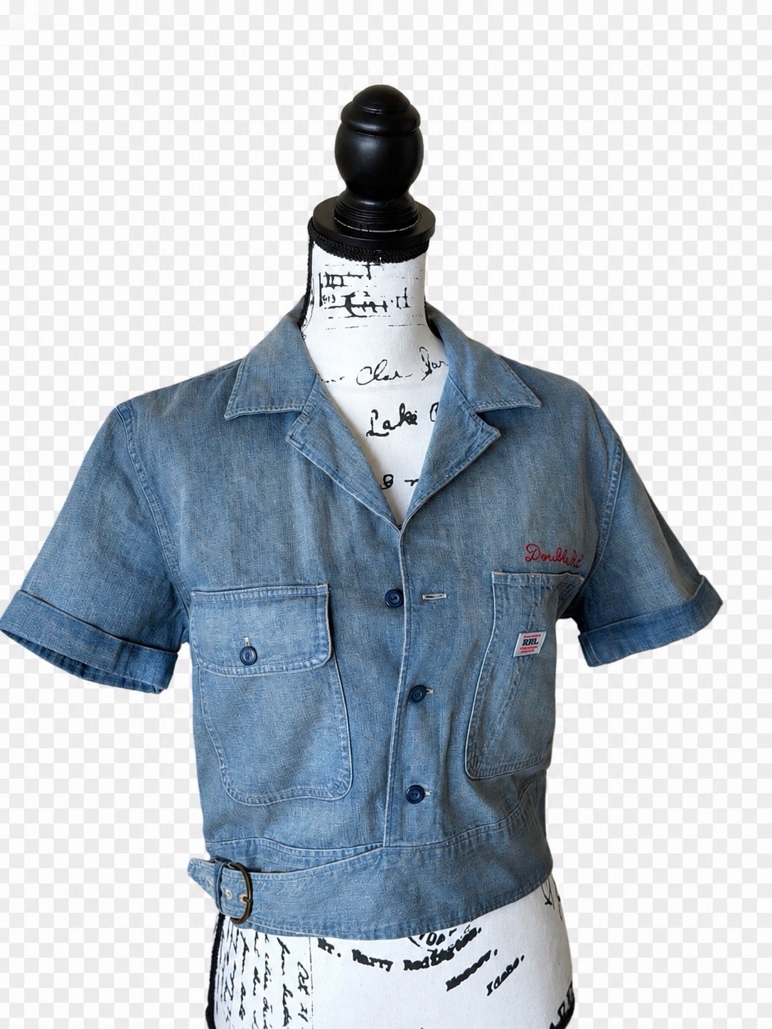 RRL Women’s Blue Denim Short Sleeve Cropped Button-Up Shirt w/ Pockets Size 3