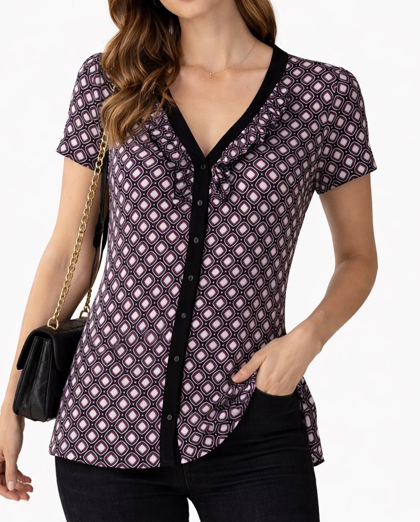 VTG Y2K Studio 1940 Women’s Small Purple Black Geometric Ruffle Button Blouse
