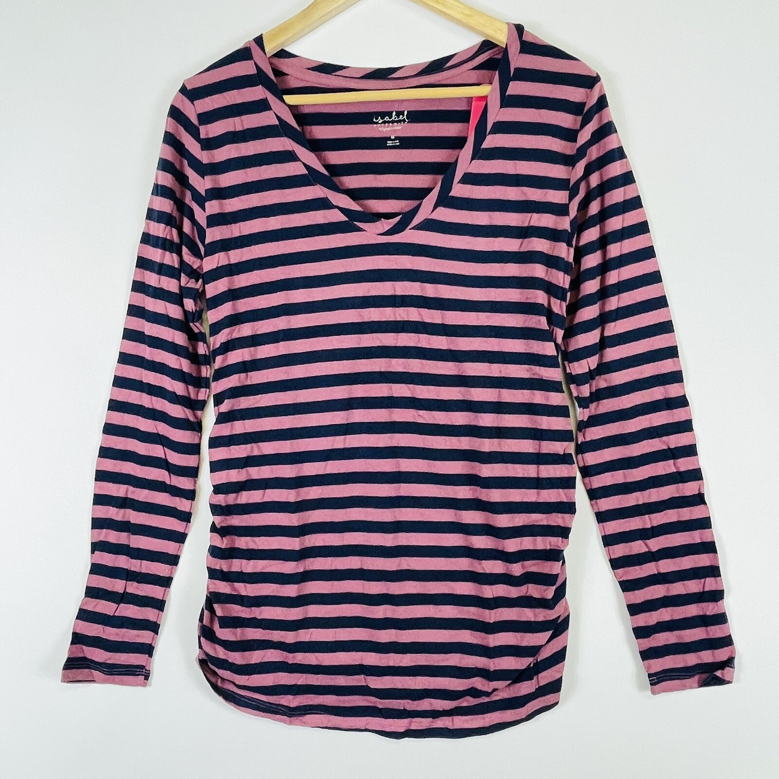 NEW Isabel Maternity Long Sleeve Top Shirt Women Medium Blue Pink Stripe Ruched