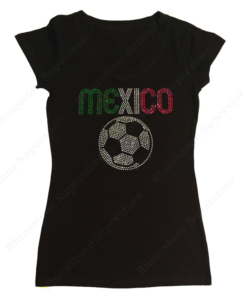 Women’s Rhinestone T-Shirt ” Mexico with Soccer Ball ” in S, M, L, XL, 2X, 3X