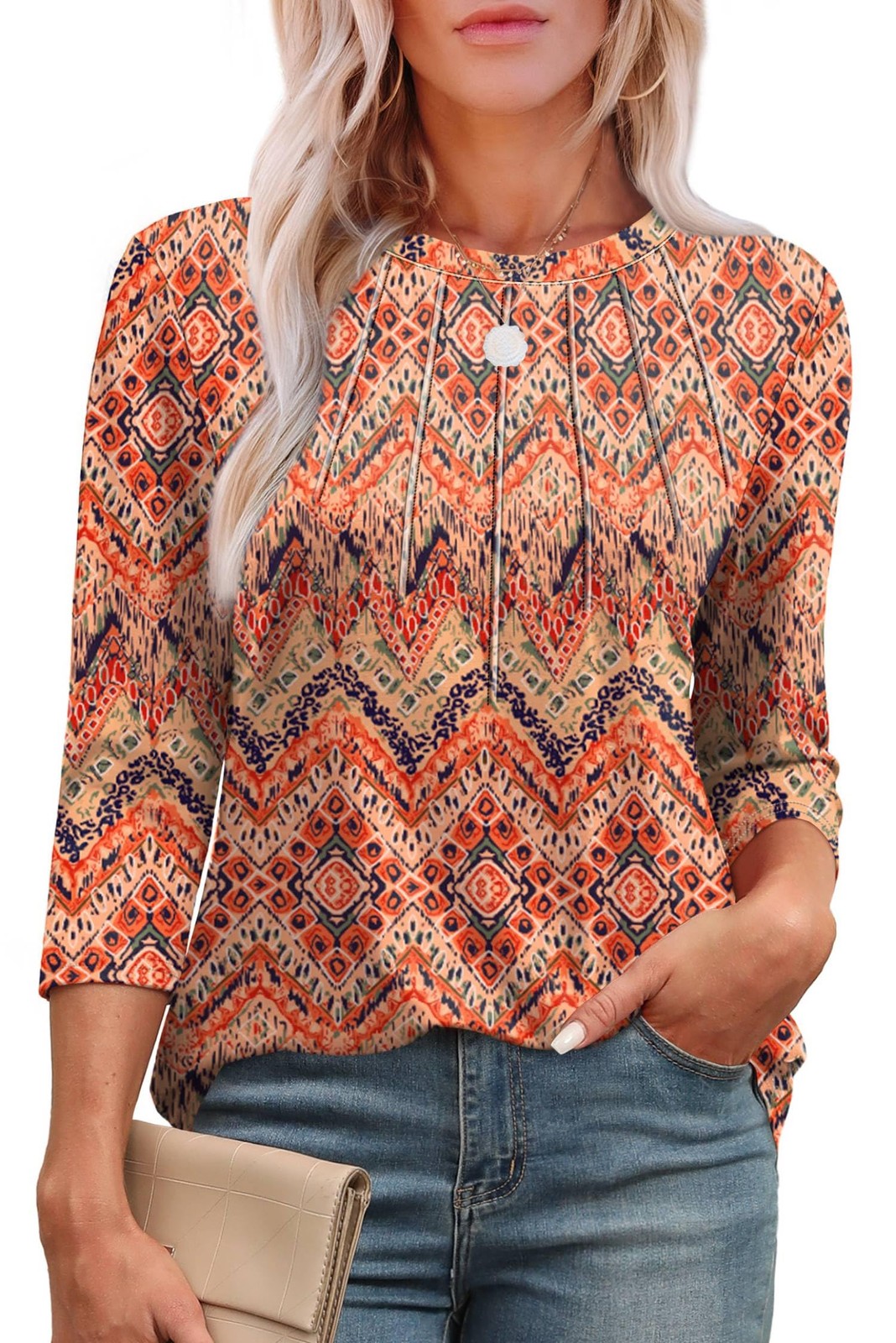 XIEERDUO 3/4 Length Sleeve Summer Top Crewneck Pleated Tunic Top Size Small