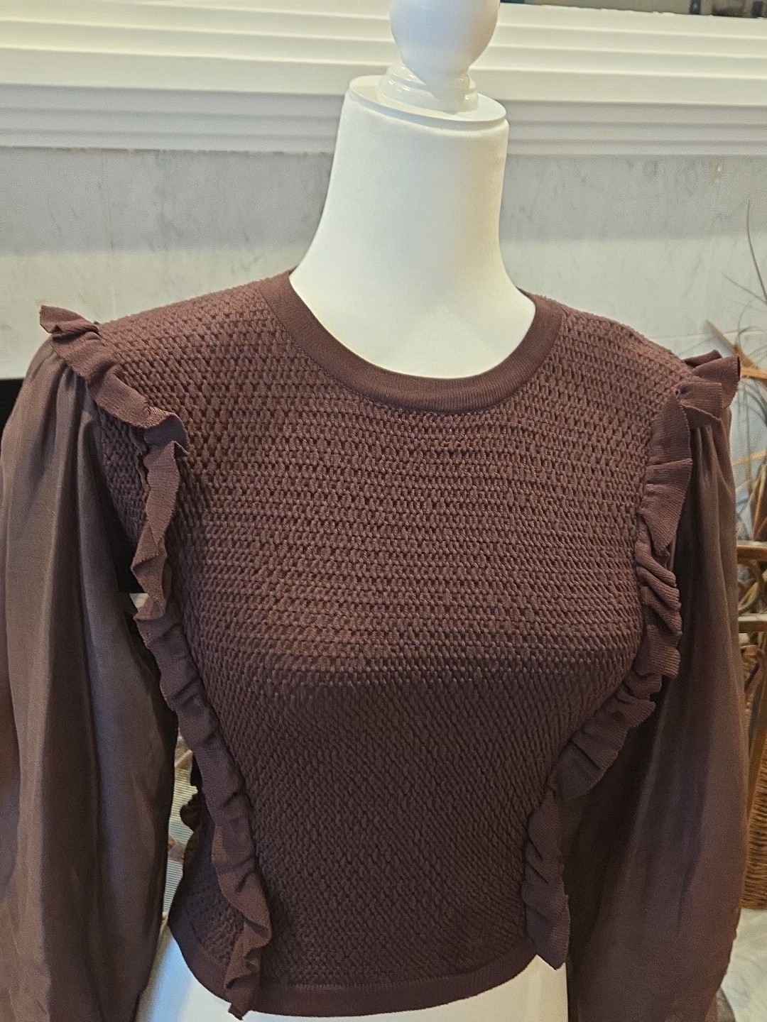 ZARA Women Organza Balloon Sleeve Brown Shirred Crop Top Shirt Size Small Ruffle
