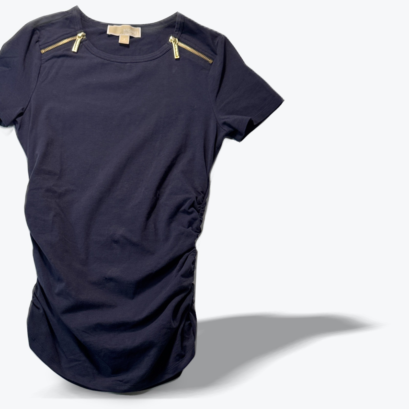 Michael Kors Womens Navy Blue Ruched Side Gold Zipper Shoulder Tee Shirt Size S
