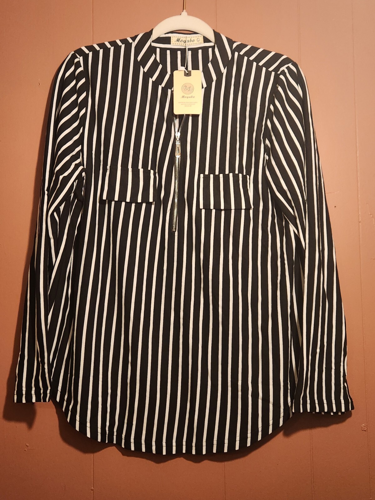 NWT Moyabo Womens L V-Neck Blouse Half Zip up Tunic Shirt 3/4 Roll Tab Sleeve