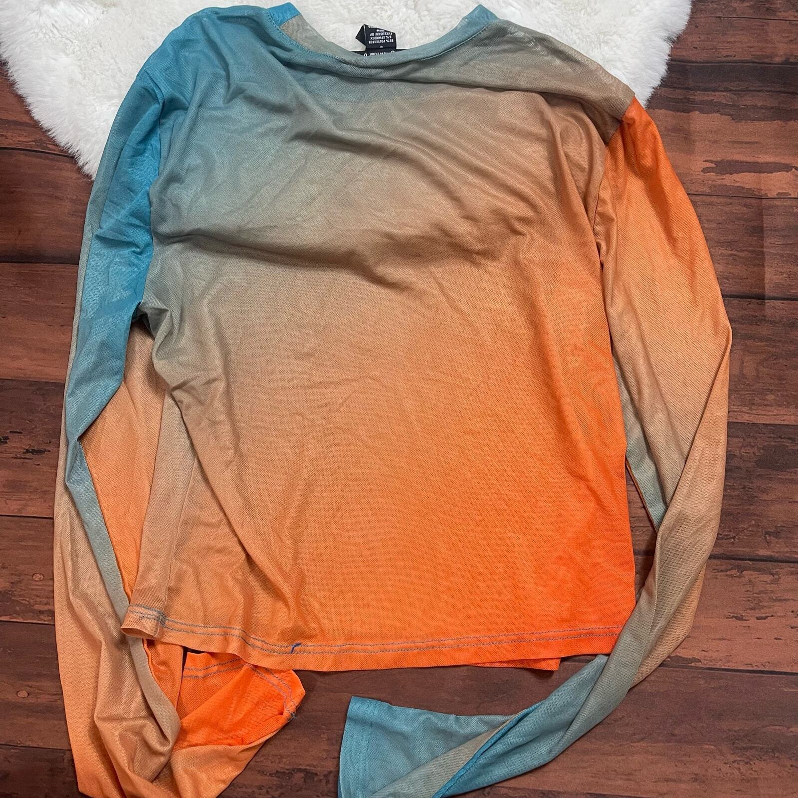 Just Polly Sheer Rhinestone Butterfly Long Sleeve Ombre Orange Blue Crop Top L