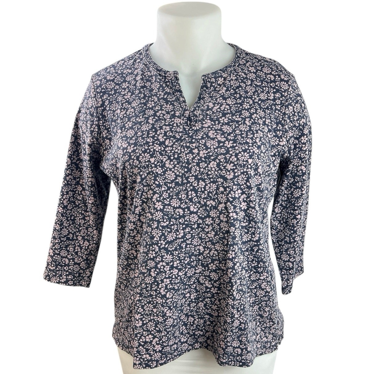 L.L. Bean Blue Pink Floral Half Zip Notch Neck T Shirt Tee Blouse Top Size XL