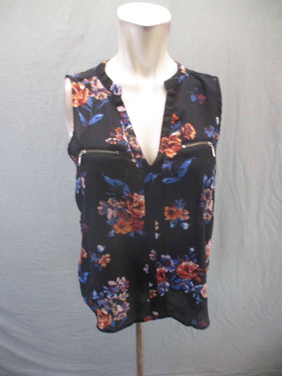 Persaya Size L Womens Multicolor Floral Zip Pocket Plunge Sleeveless Blouse 176