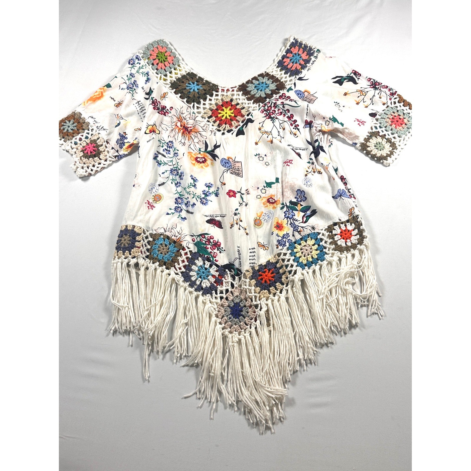 NEGS Floral Crochet Granny Square Fringe Tunic Top Boho Festival White Multi