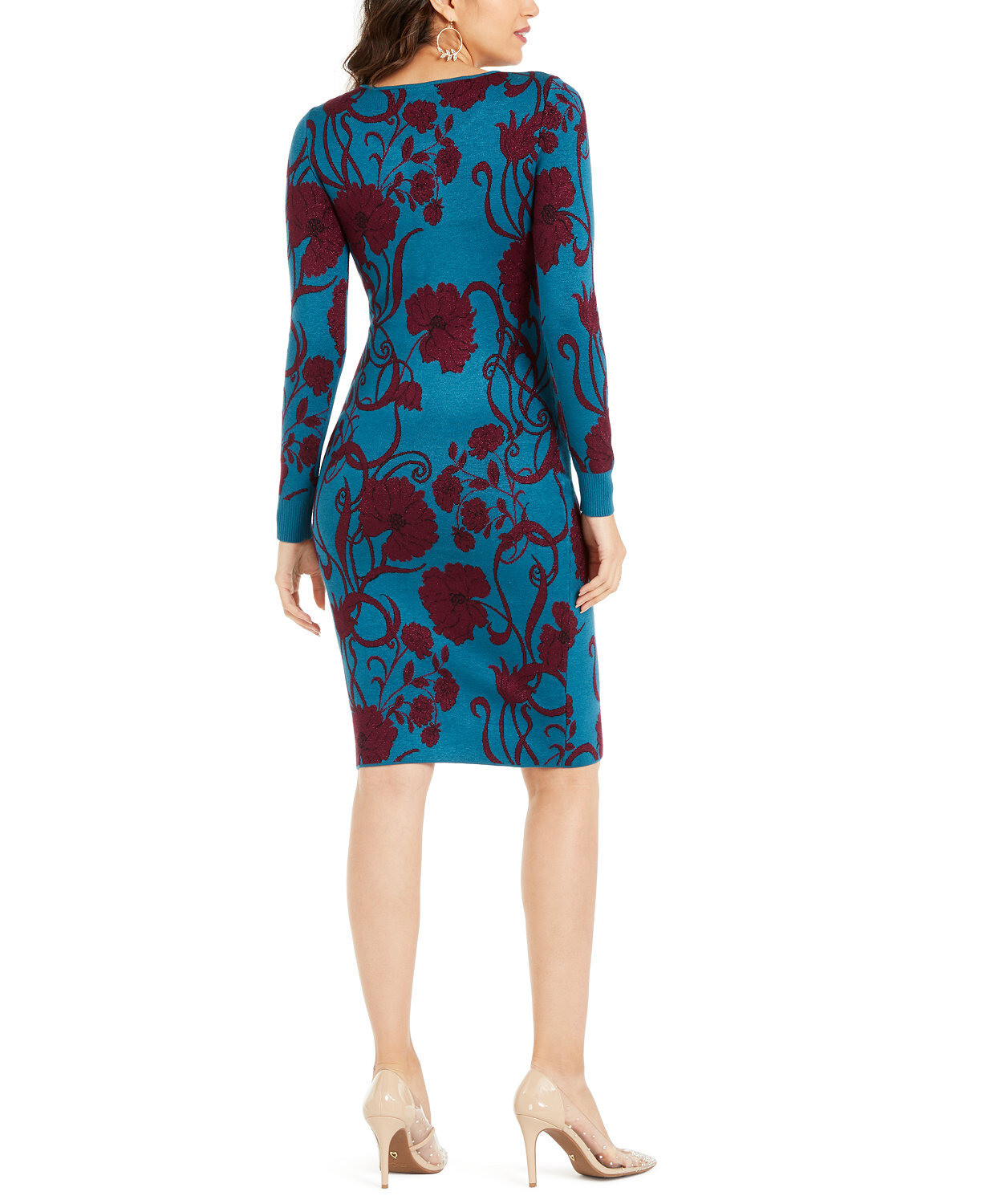 Thalia Sodi Women’s Jacquard Metallic Sweater Dress Le Rouge Floral Size-XL/XG