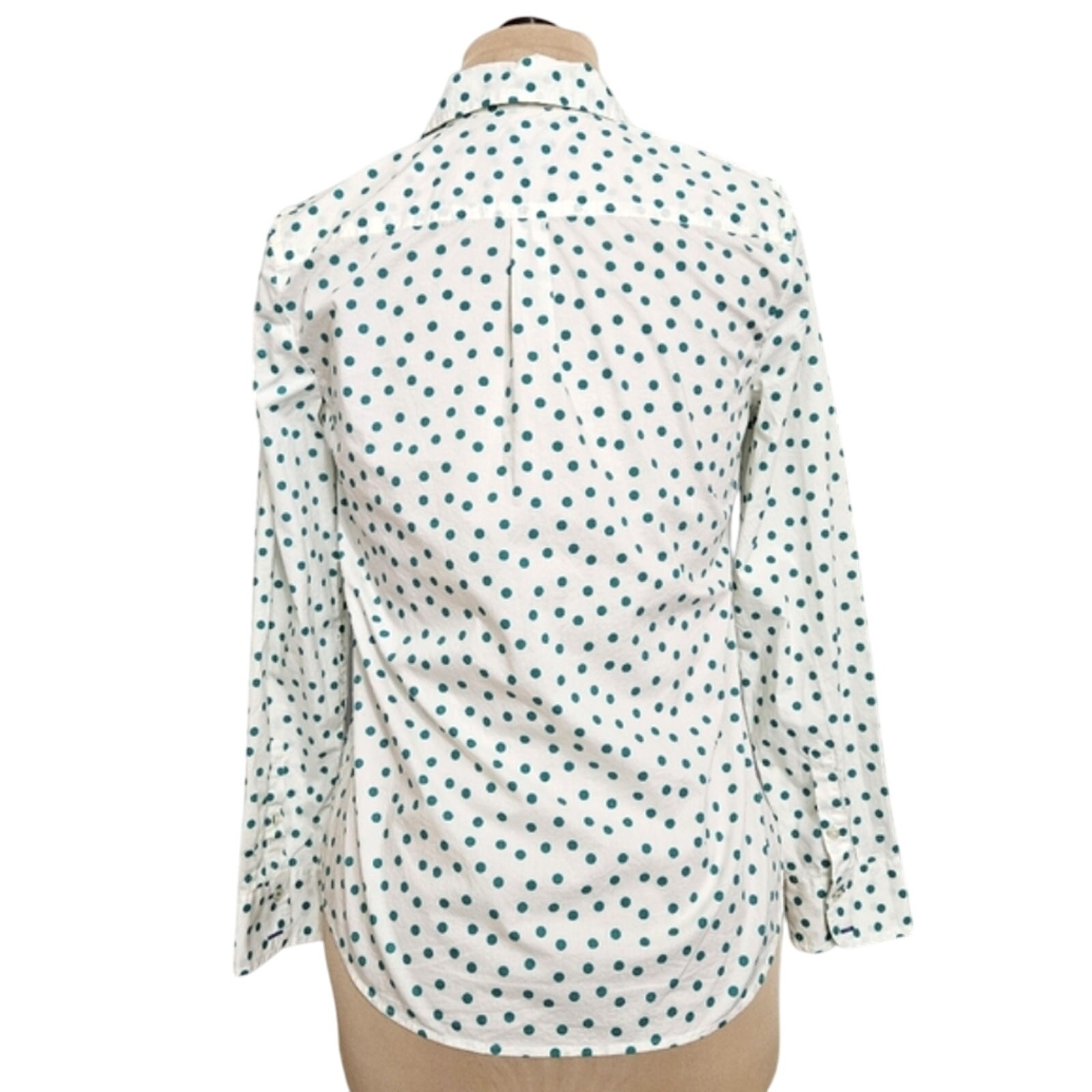 Talbots Polka dot White Teal Button Front Ribbon Trim Cotton Shirt Small Career