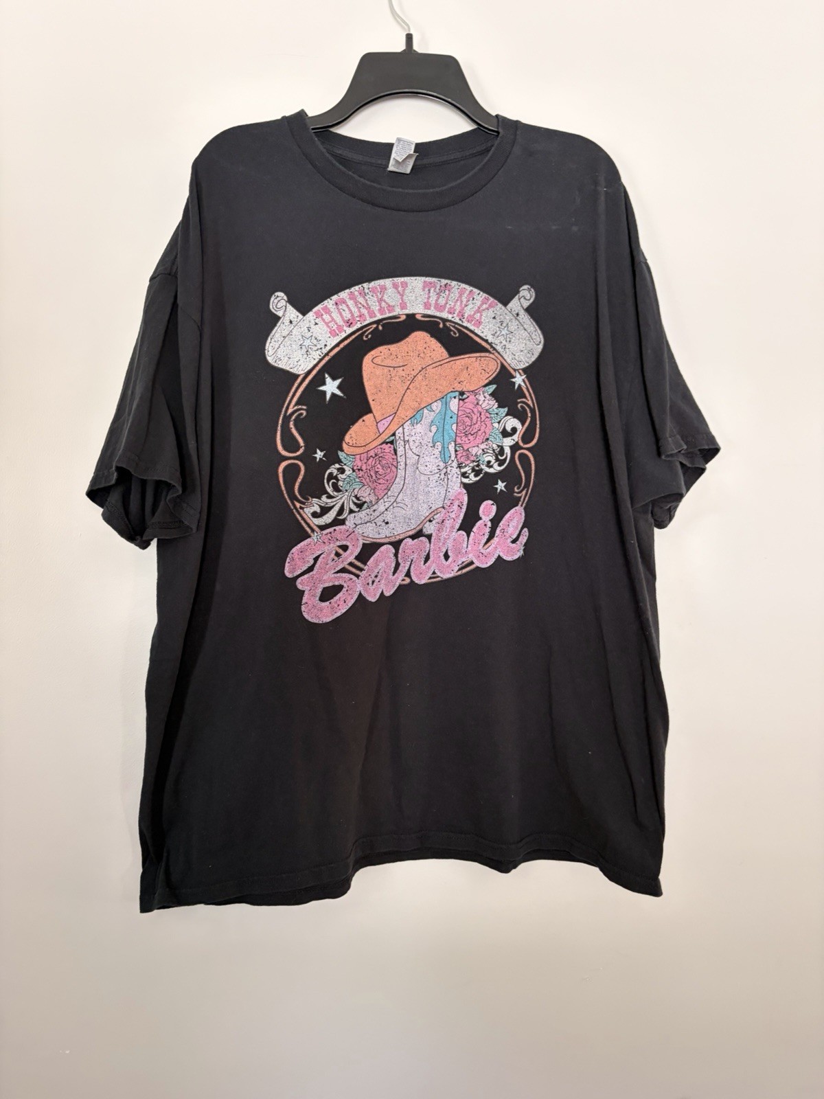 Honky Tonk Barbie 2XL Black Tee Gildan Cotton with Boots and Pink Floral Shirt