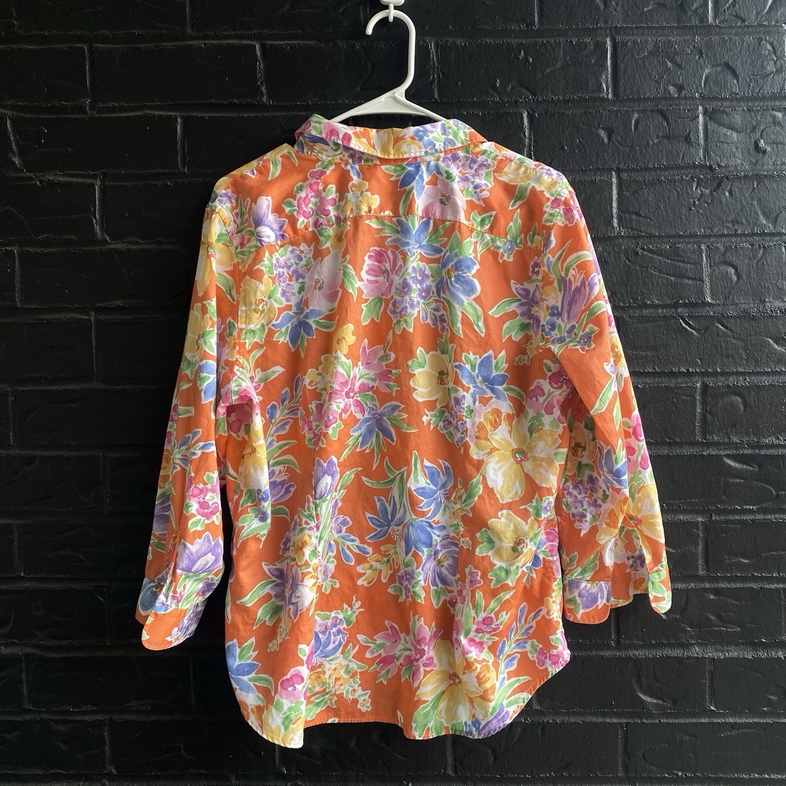 Lauren Ralph Lauren 100% Cotton Orange Floral Button-Front Shirt 3/4 Sleeve XL