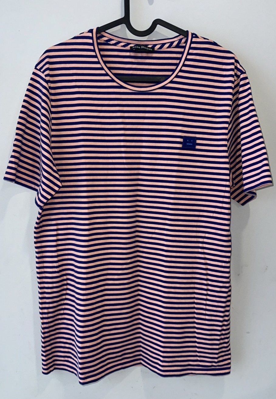 Acne Studios Napa Face Striped Pink Blue Cotton Smart Casual T-Shirt Sz L