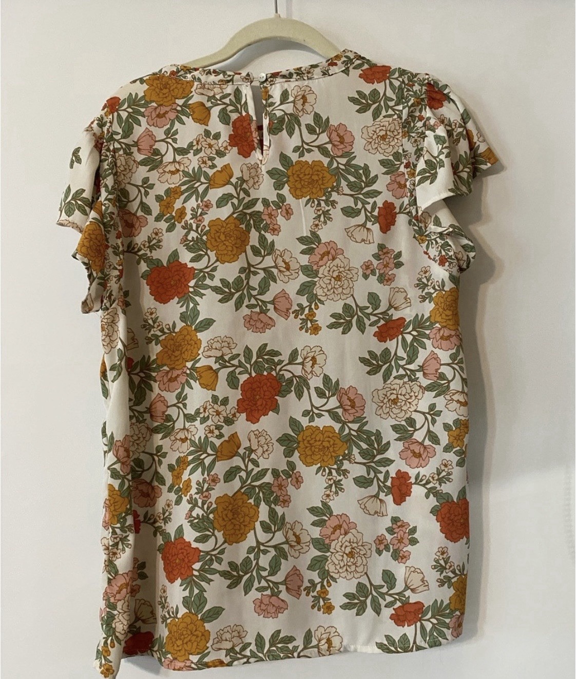 DR2 Blouse Round Neck Short Ruffle Sleeve Floral White Multicolor Polyester M