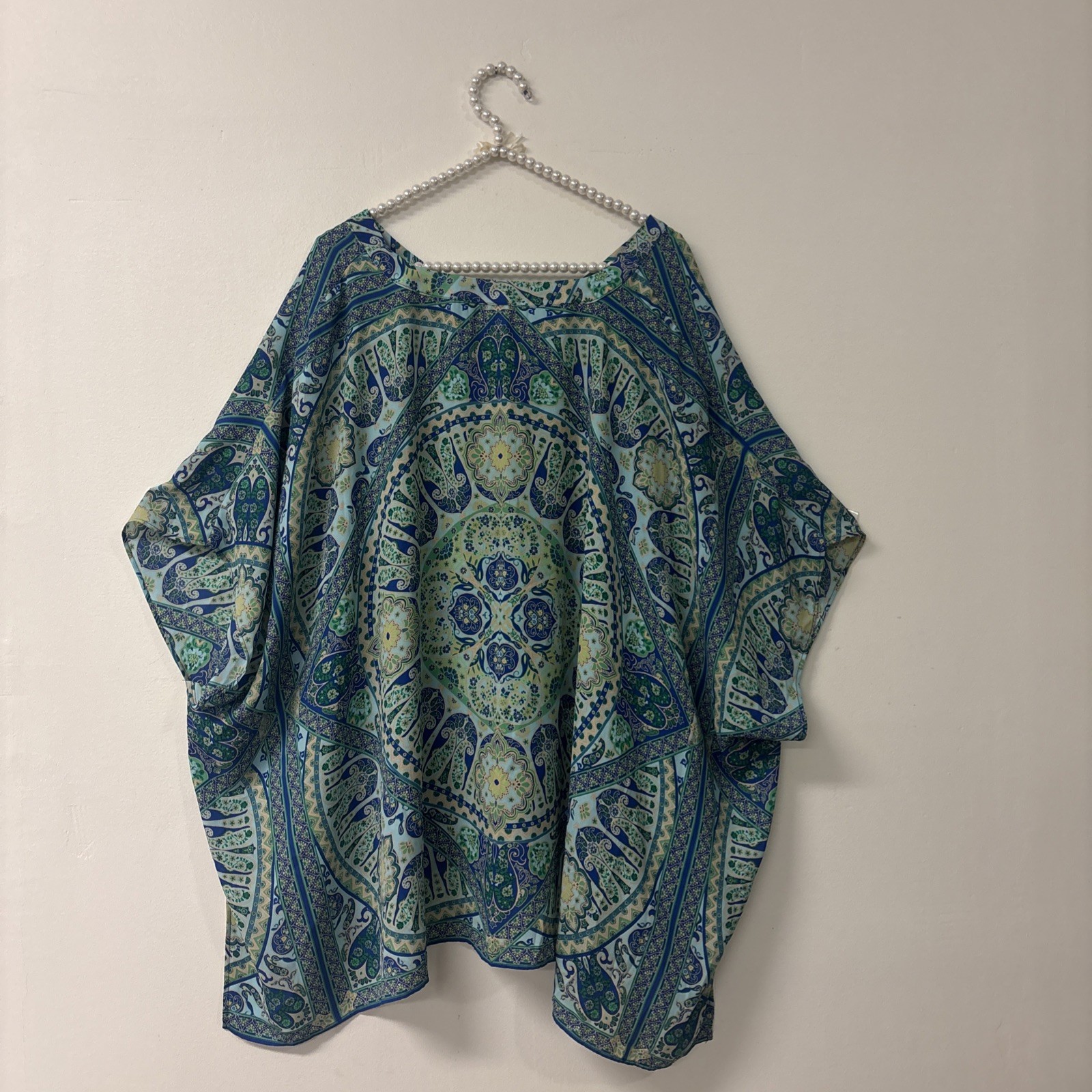 Blue Green Paisley Mandala Print Kaftan Poncho V-Neck Boho Tunic Cover Up
