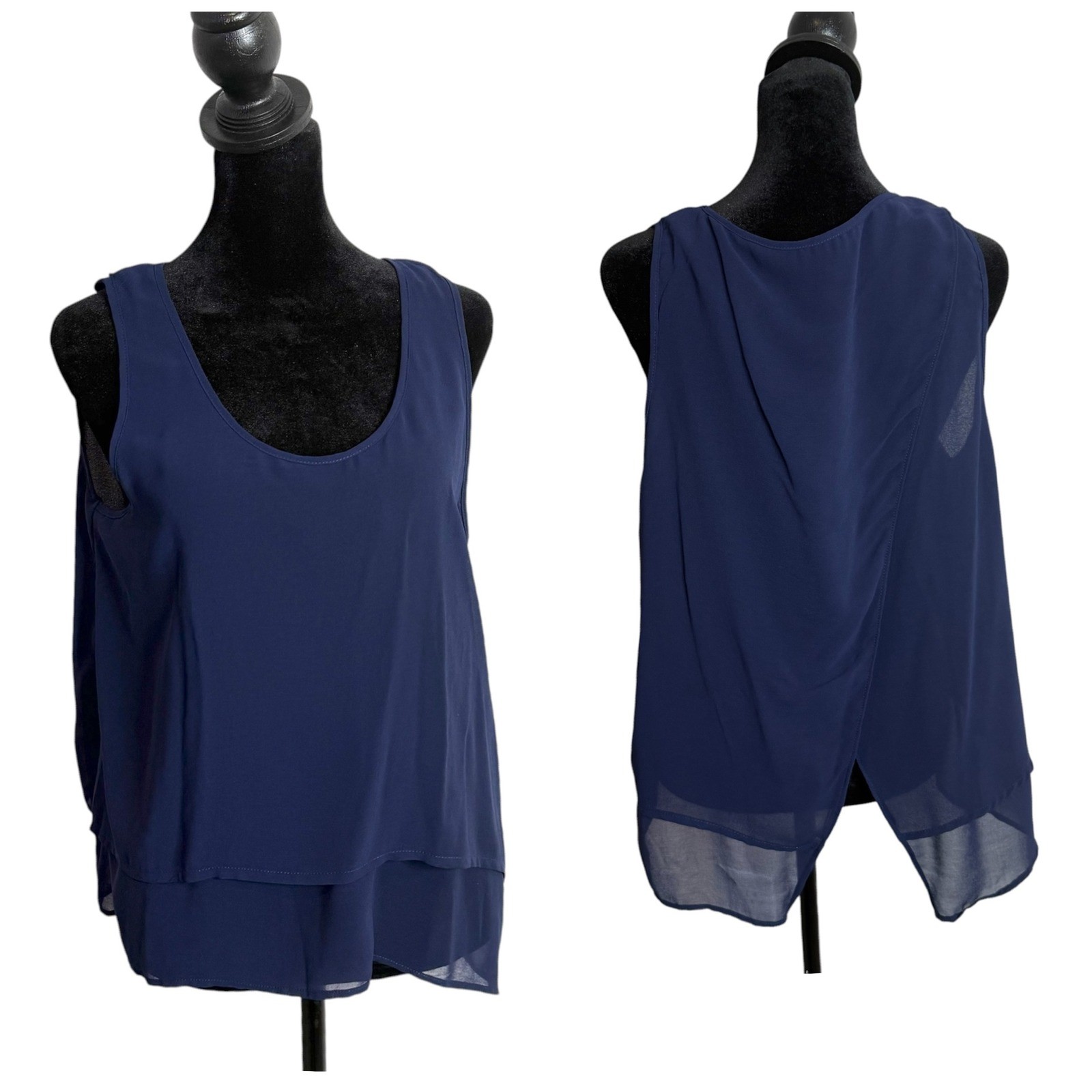 Navy Blue Layered Tank Top Womens M Split Back Chiffon Office Minimalist Shell
