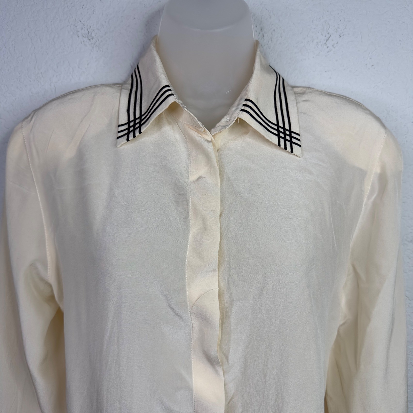VTG Les Copains Shirt Women IT42/6 Cream Silk Embroidered Old Money Italy Luxury
