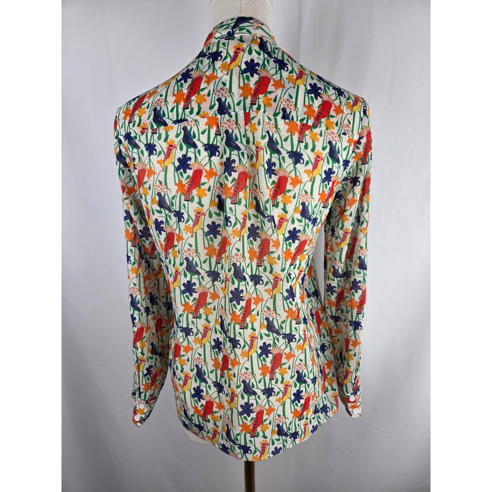 Alice + Olivia Eloise Blouse XS Multi Bird Print Mandarin Collar Silk Whimsical