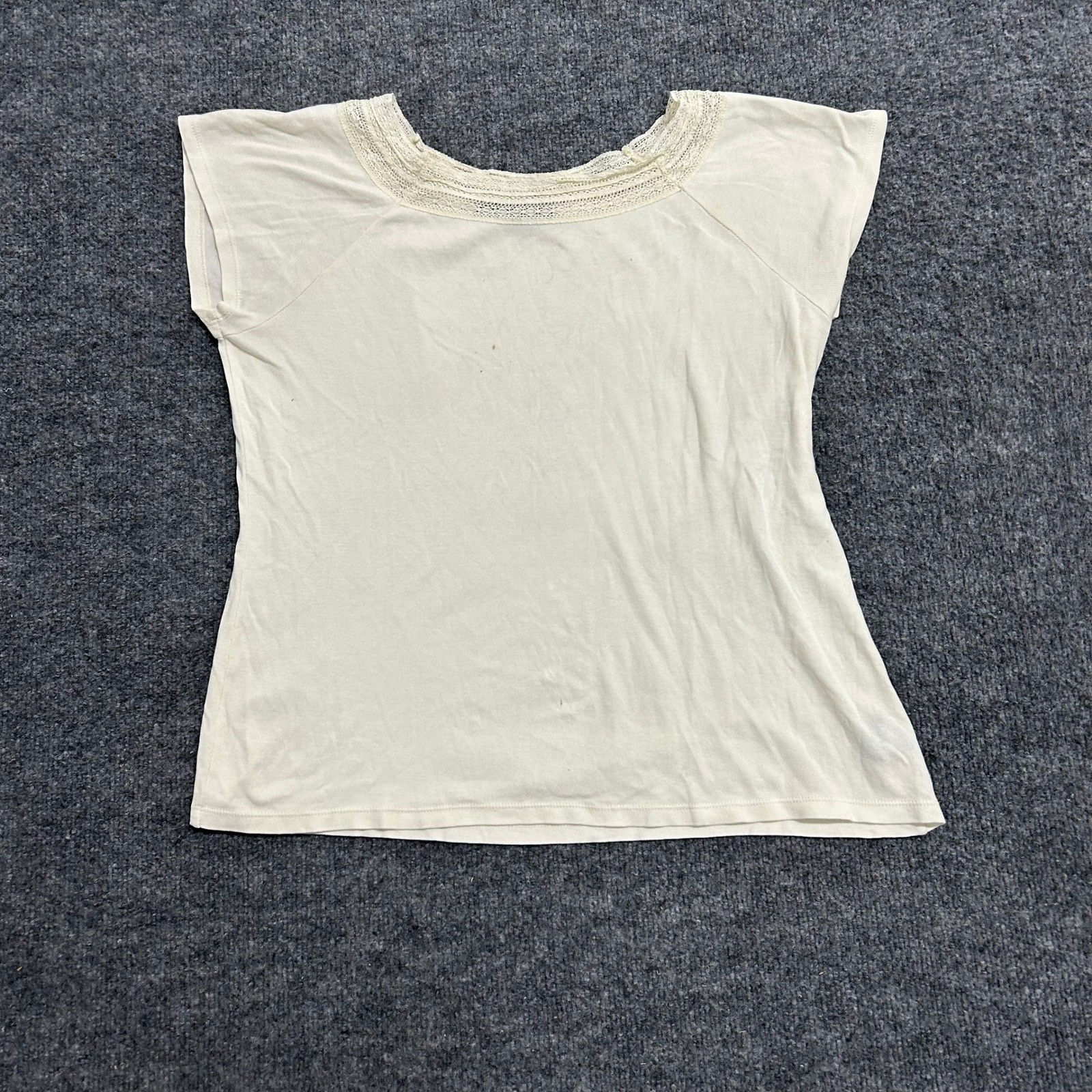 Lauren Ralph Lauren Top Womens Size L Cream Lace Crochet Neck Short Sleeve
