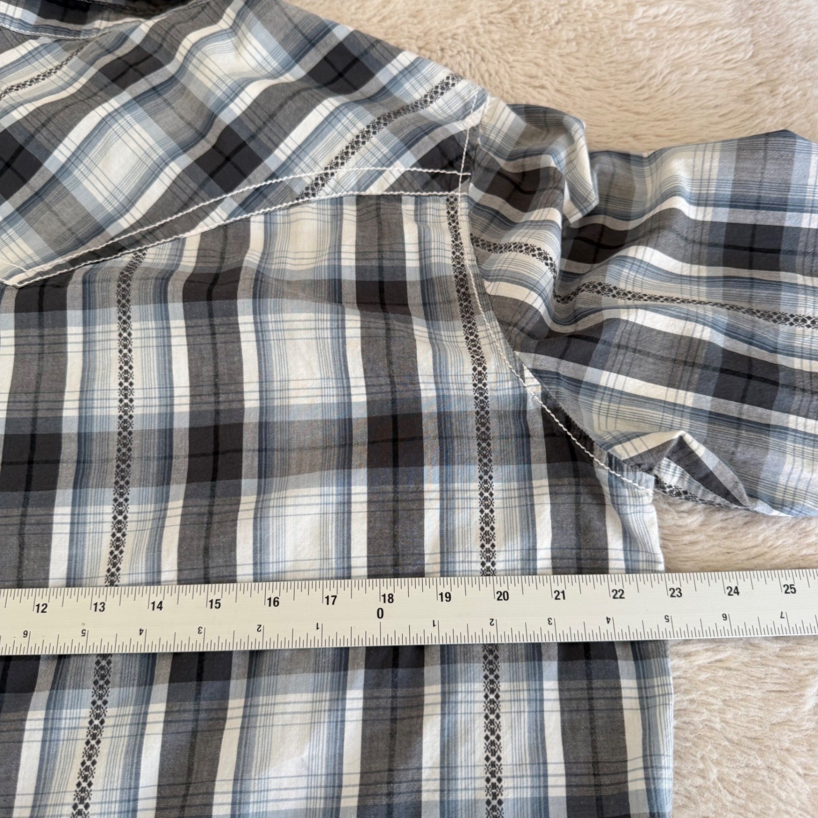 Indie Boho Grunge Plaid Long Sleeve Western Shirt Blue White Snaps Retro Dad Y2K