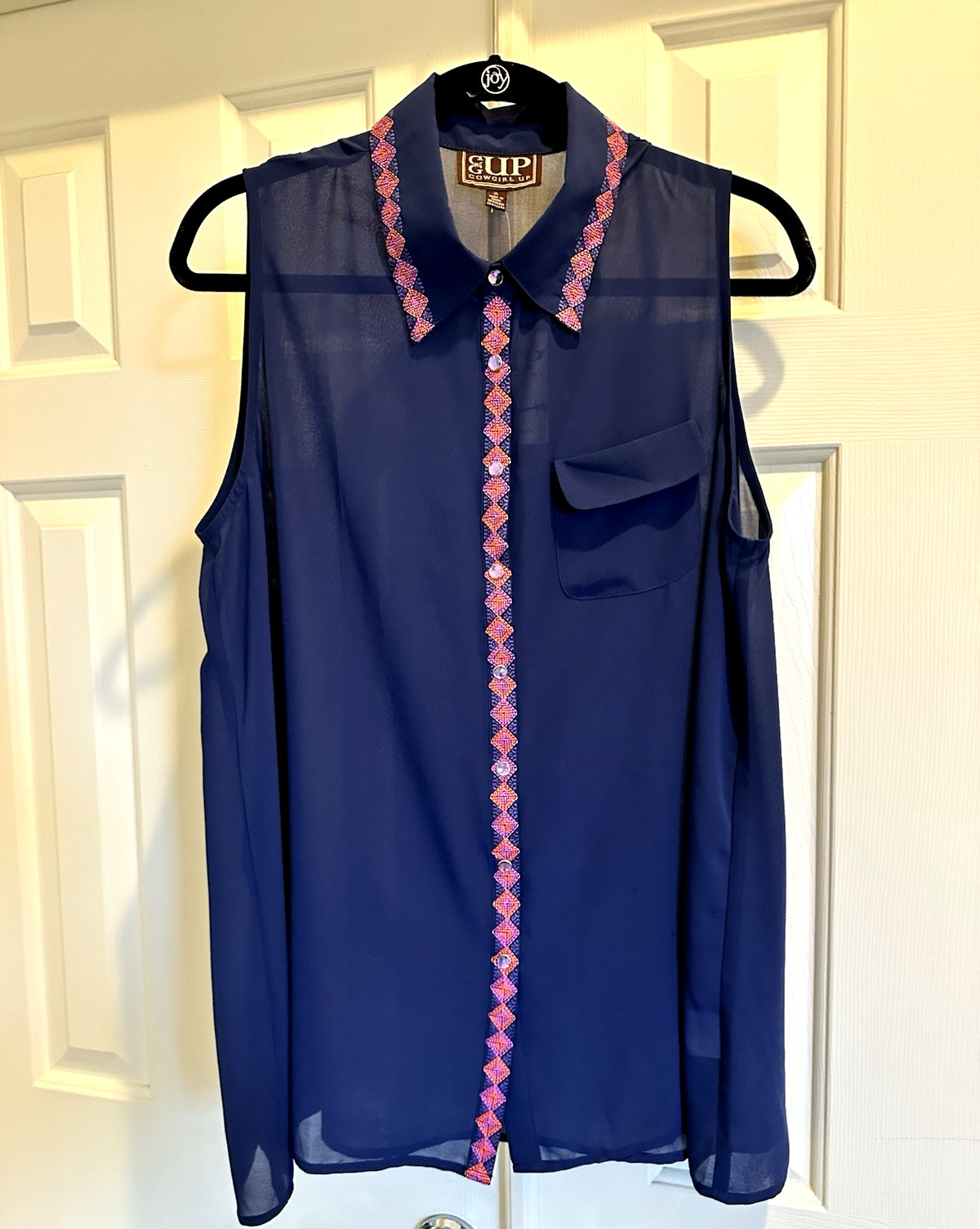 CGUP Cowgirl Up Sheer Western Top Blouse Rhinestone Snaps Embroidered Trim XL