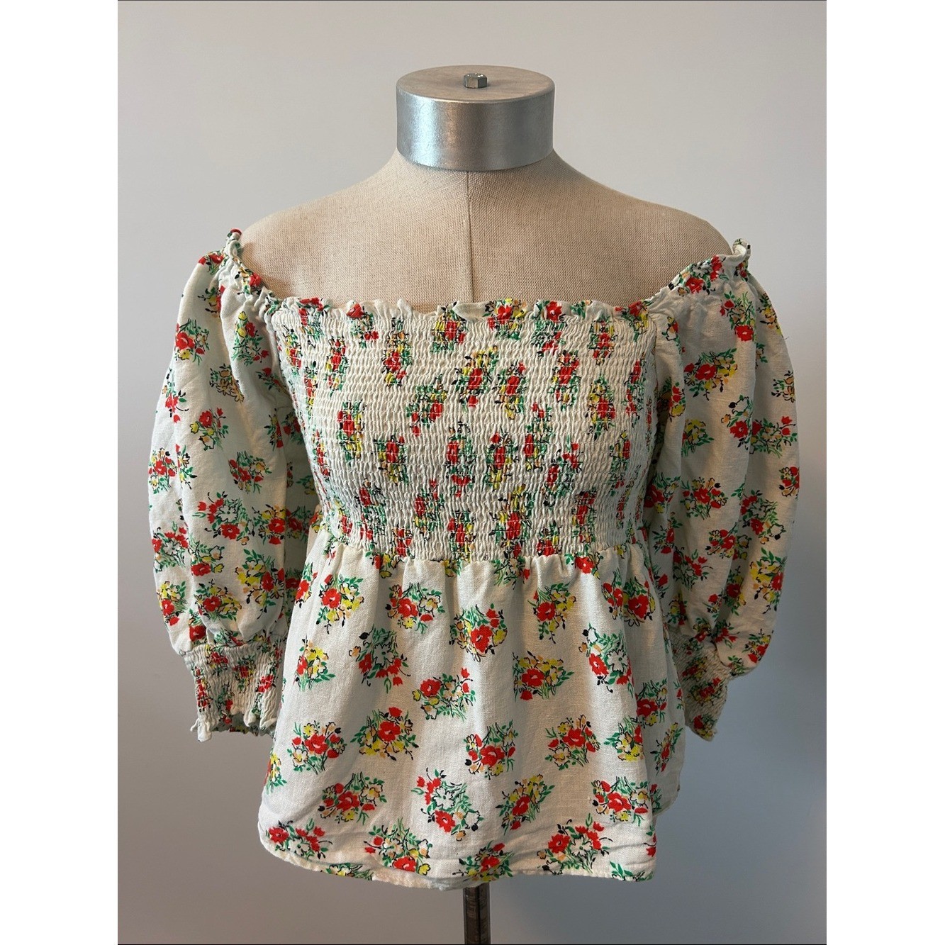 RIXO Katrina 100% Linen Floral Puff Sleeve Peplum Top UK 10 US 6