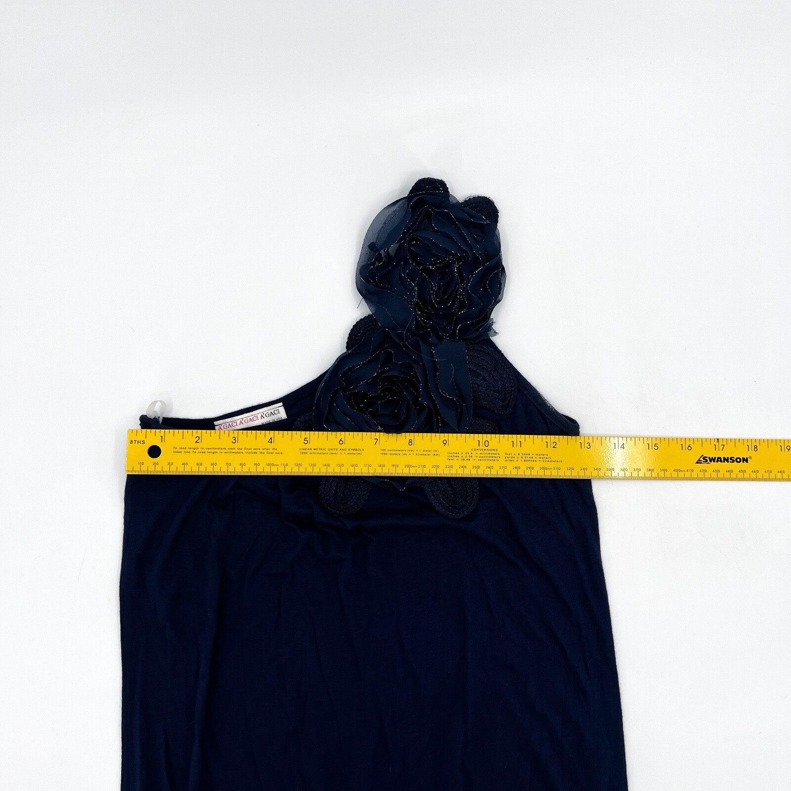 A’gaci Shirt Womens Small Navy Blouse Asymmetrical Rose Single Strap Embroidered