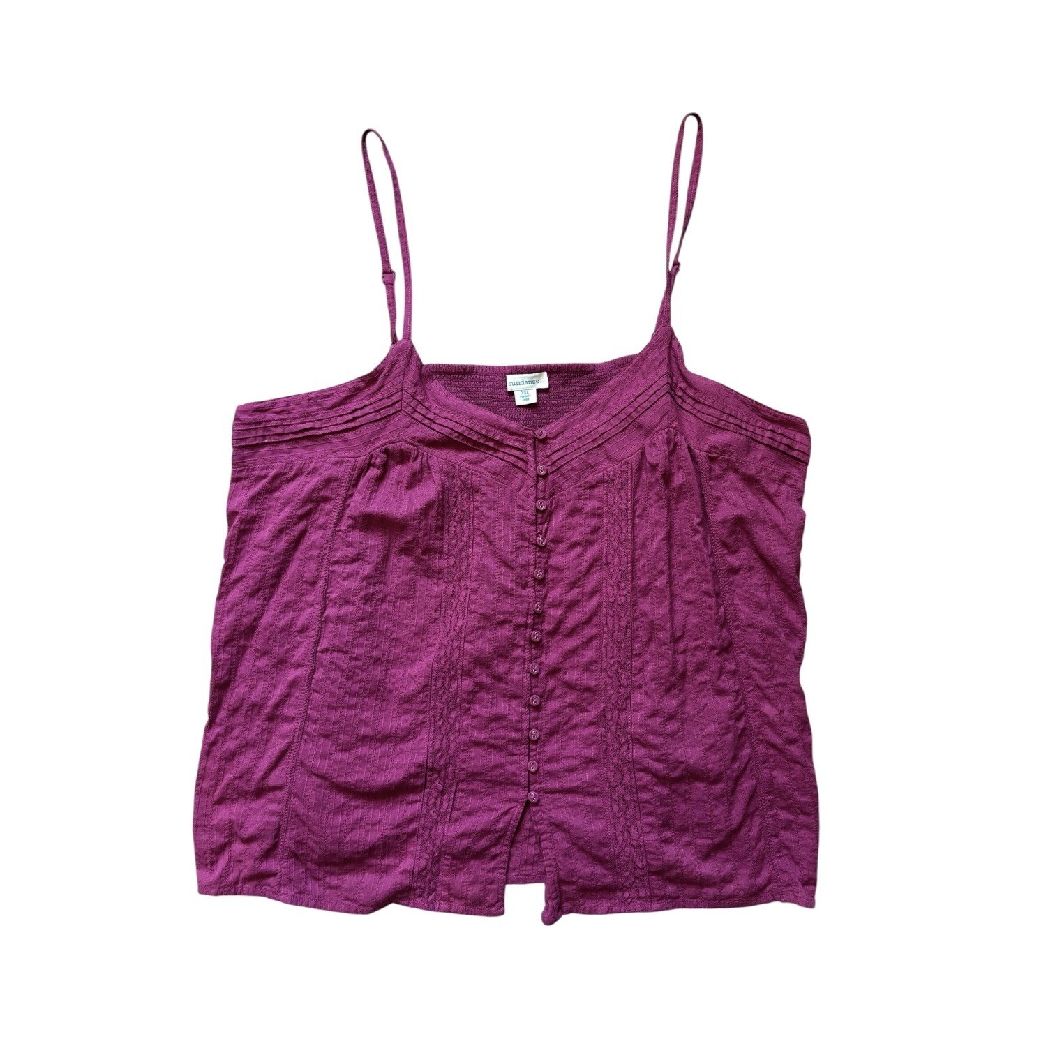 Sundance Magenta Purple Cotton Gauze Lace Pintuck Cami Top XXL Boho Smocked Back