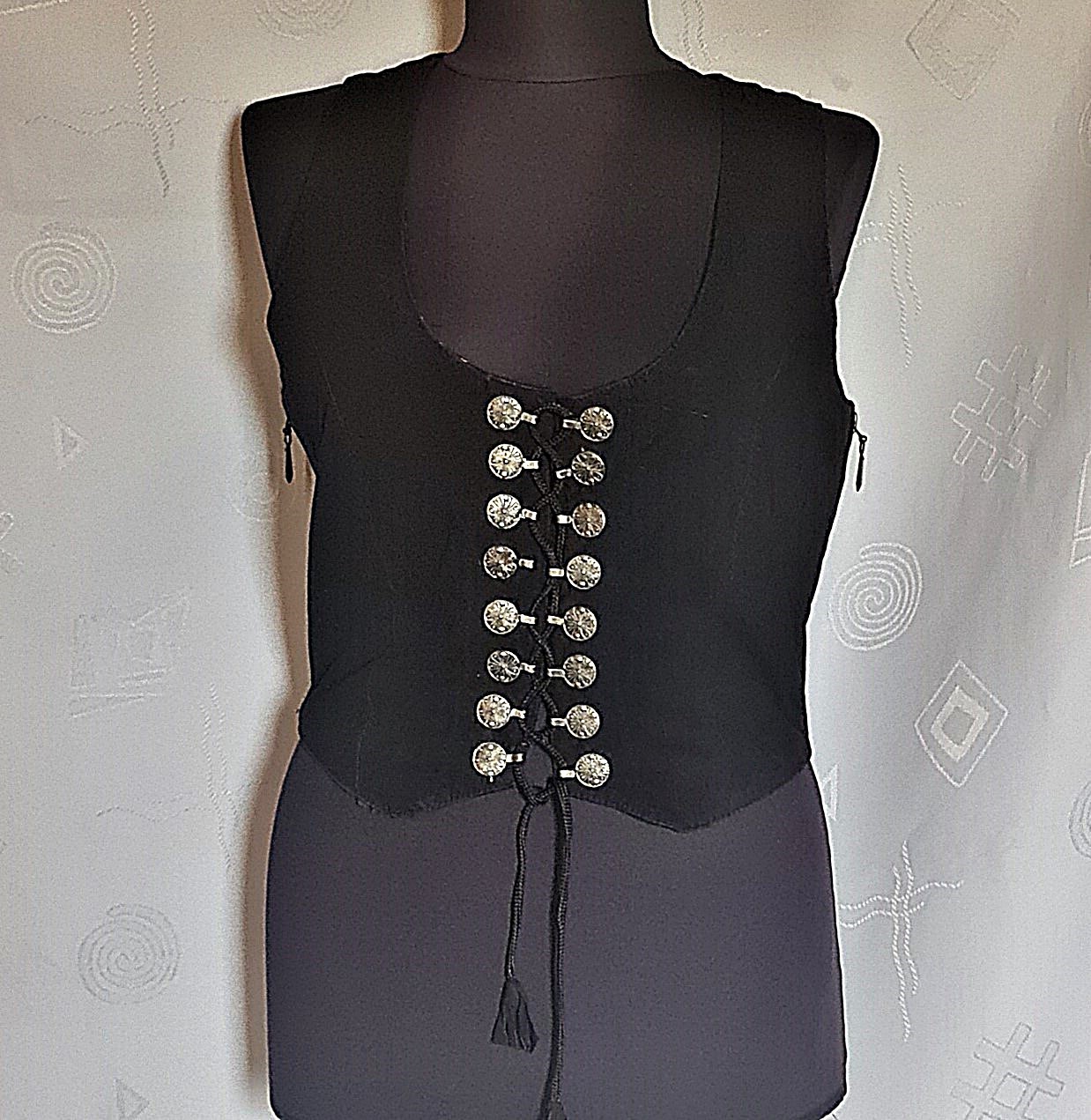 BLOUSE VINTAGE TRACHTEN DIRNDL OKTOBERFEST LEATHER WOMENS BLACK TOP US 10 EU 38