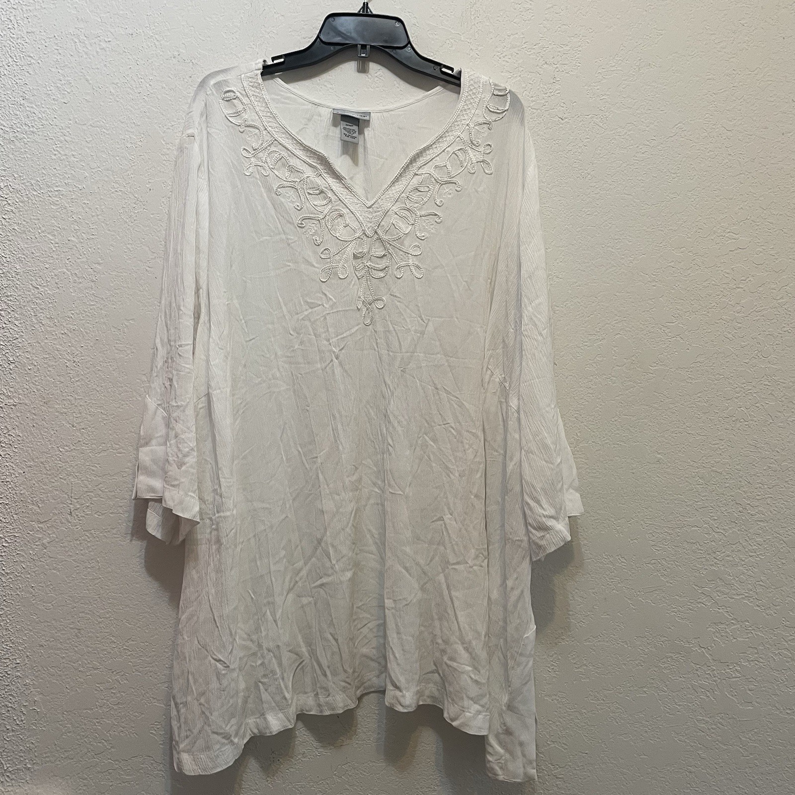 Catherines Tunic Top Womens 3XP White Boho Neckline Gauze Lagenlook Blouse NEW