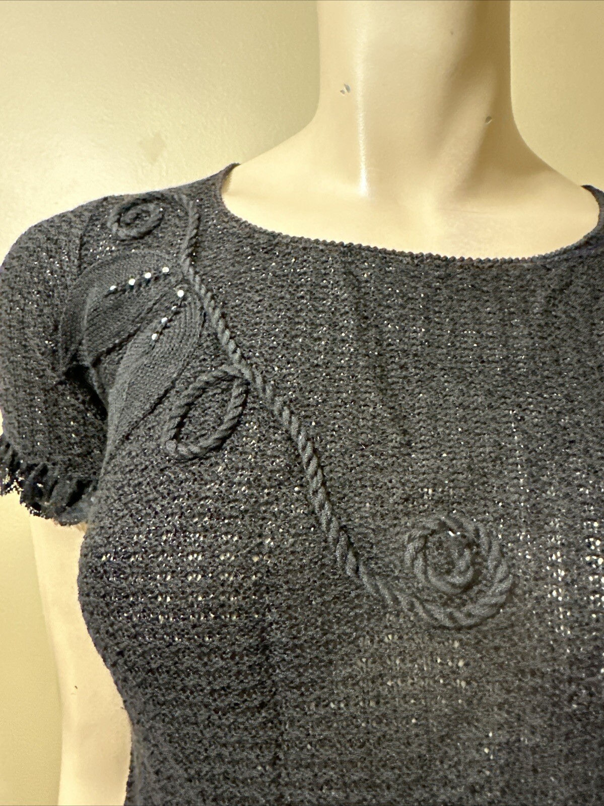 Women’s Black Cotton Crochet Casual Stretch Slim Sheer Lace Beaded One Size Top